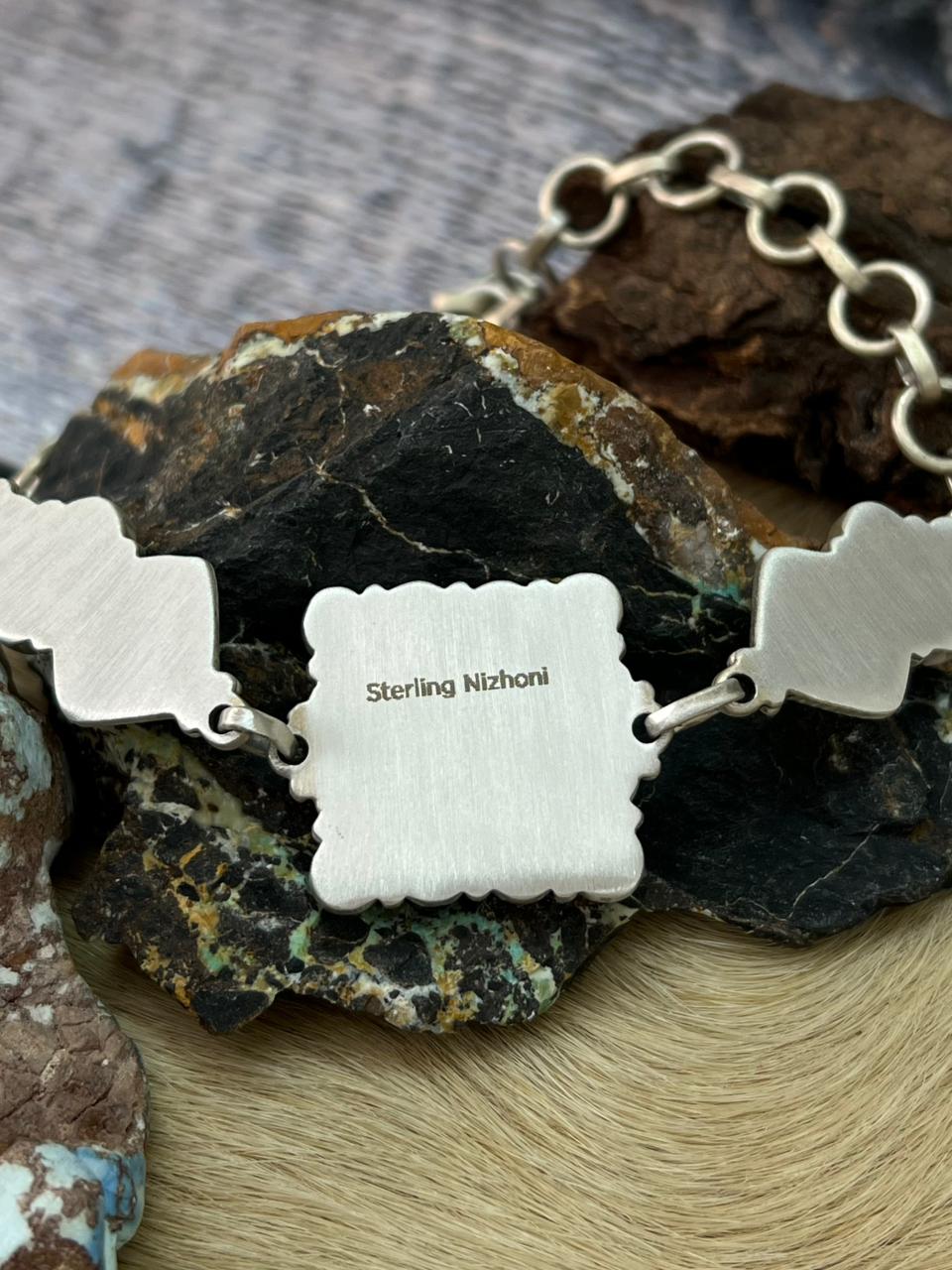 Handmade Sterling Silver White Buffalo Chain Bracelet "Signed Nizhoni"