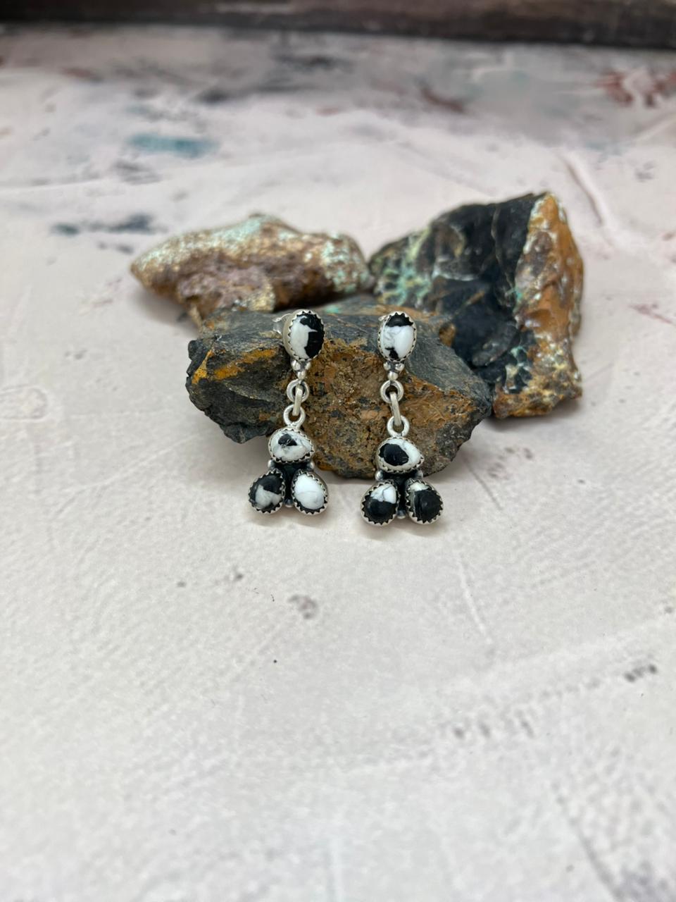 Handmade Sterling Silver White Buffalo Post Dangle Earrings "Signed Nizhoni"