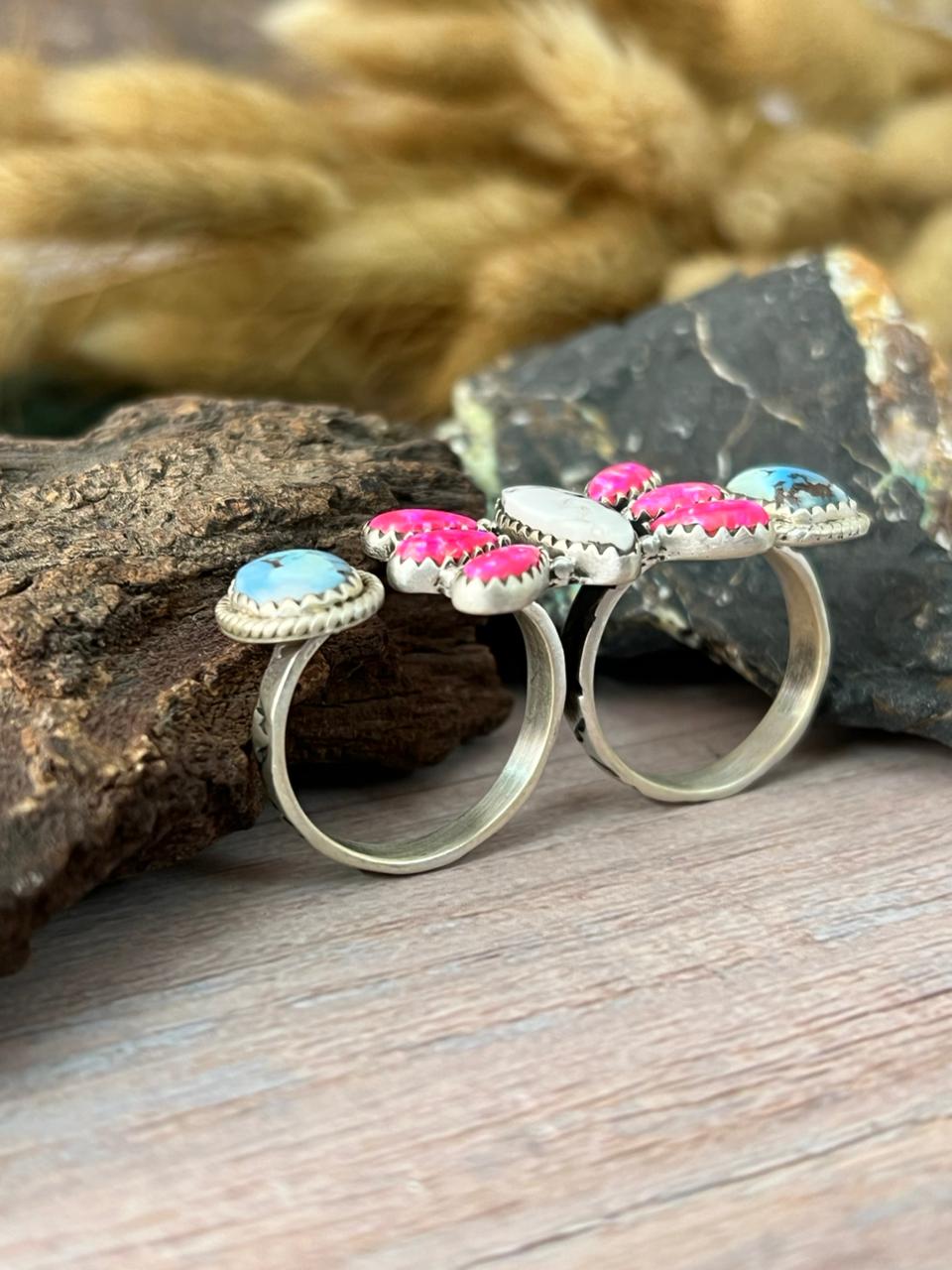 Handmade Sterling Silver Hot Pink with White Buffalo and Golden Hills Turquoise Adjustable Ring "Signed Nizhoni"