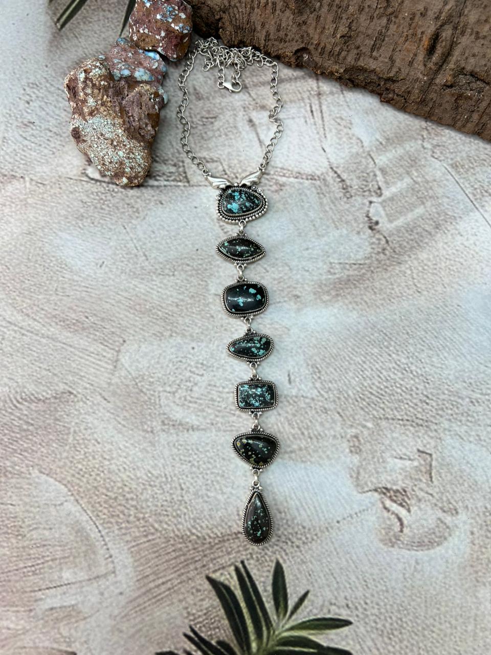 Handmade Sterling Silver Lander Turquoise Necklace with Signed Nizhoni