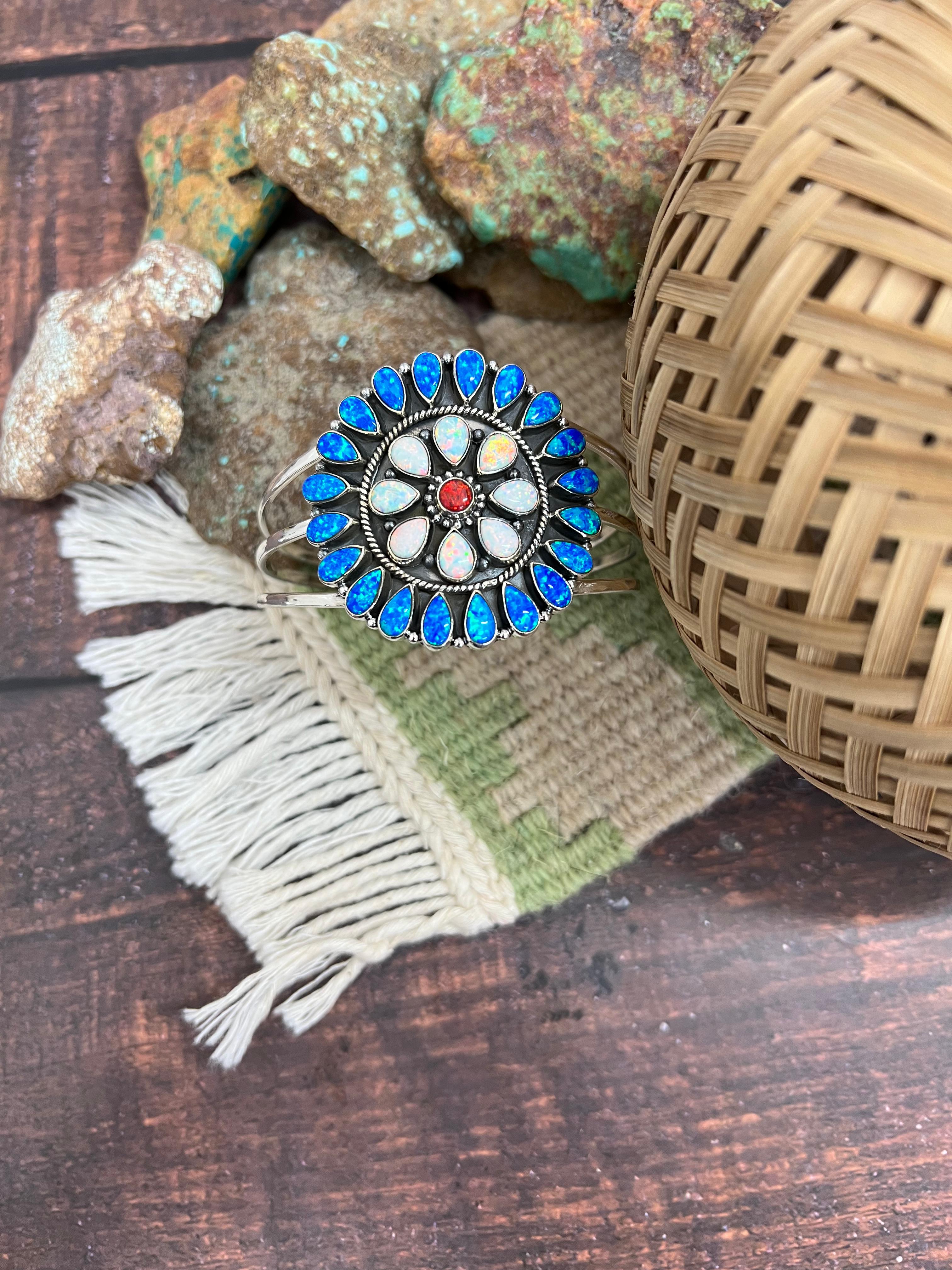 ** 4TH OF JULY ** Handmade Sterling Silver Synthetic Opal Cuff Bracelet with Signed Nizhoni