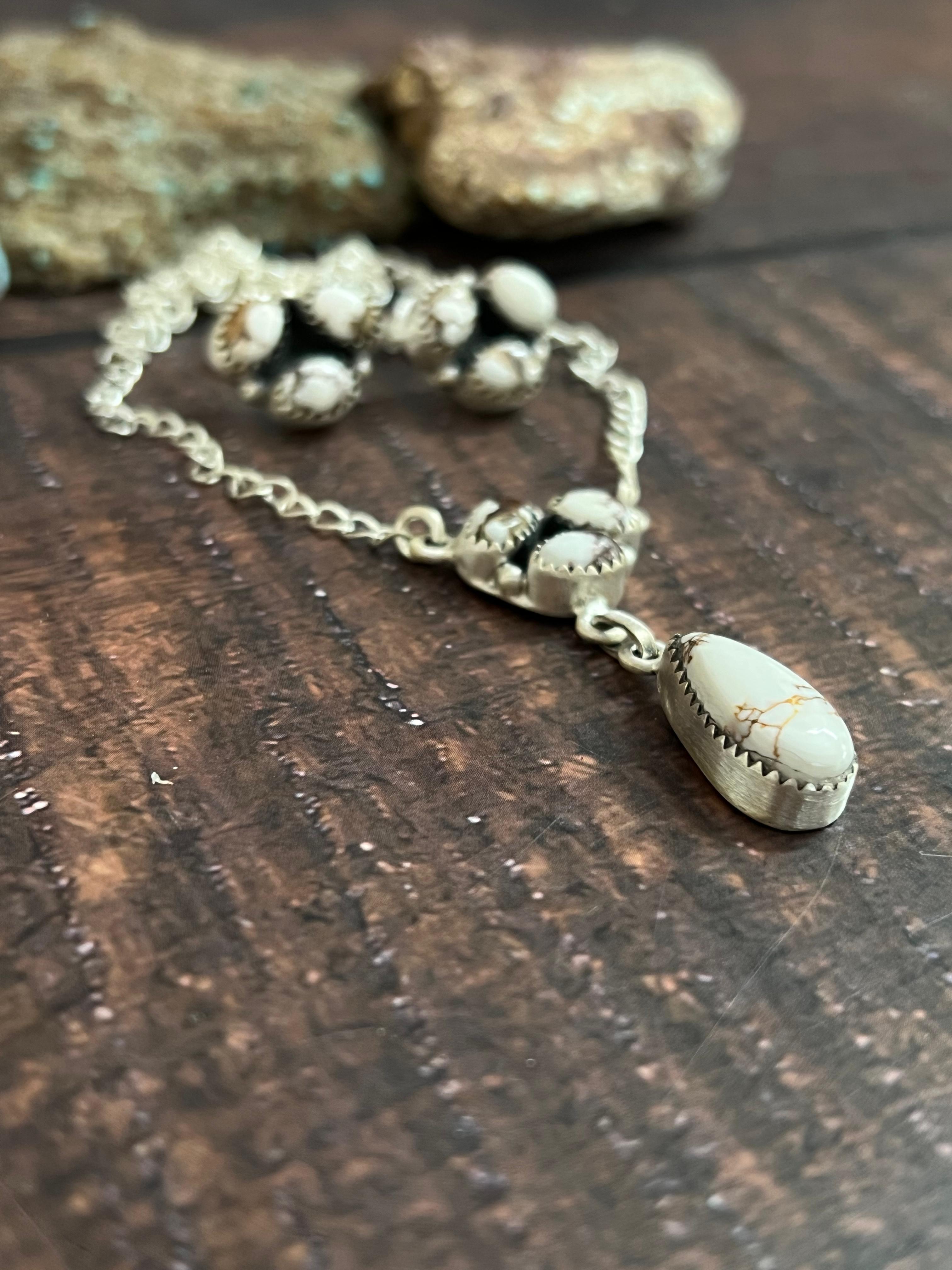 Handmade Sterling Silver Wild Horse Magnesite Necklace Earrings Set with Signed Nizhoni