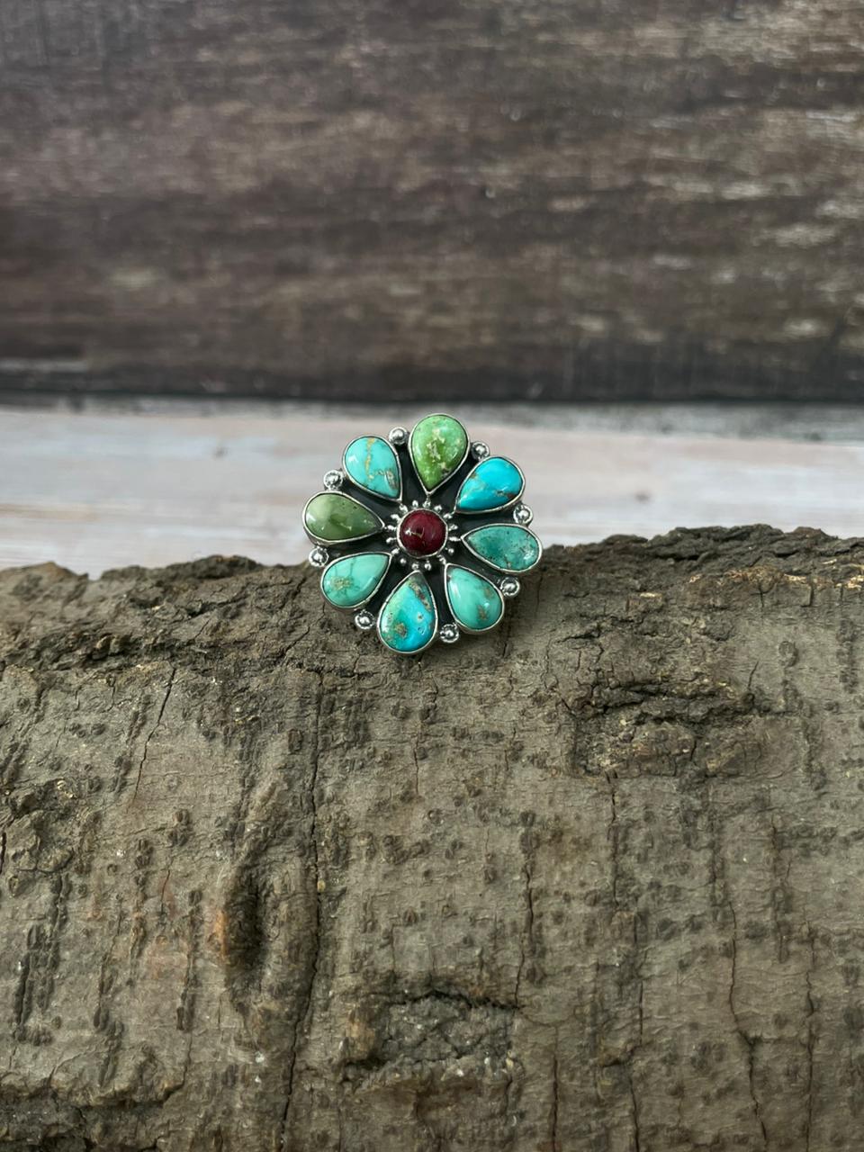 Handmade Sterling Silver Dahlia Rose With Emerald Valley Turquoise Ring "Signed Nizhoni"