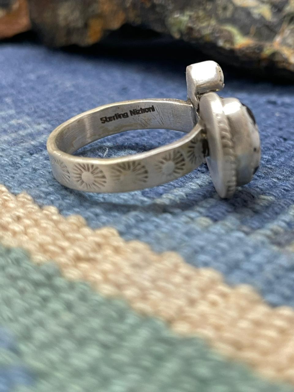 Handmade Sterling Silver White Buffalo Turquoise Adjustable Ring " Signed Nizhoni"