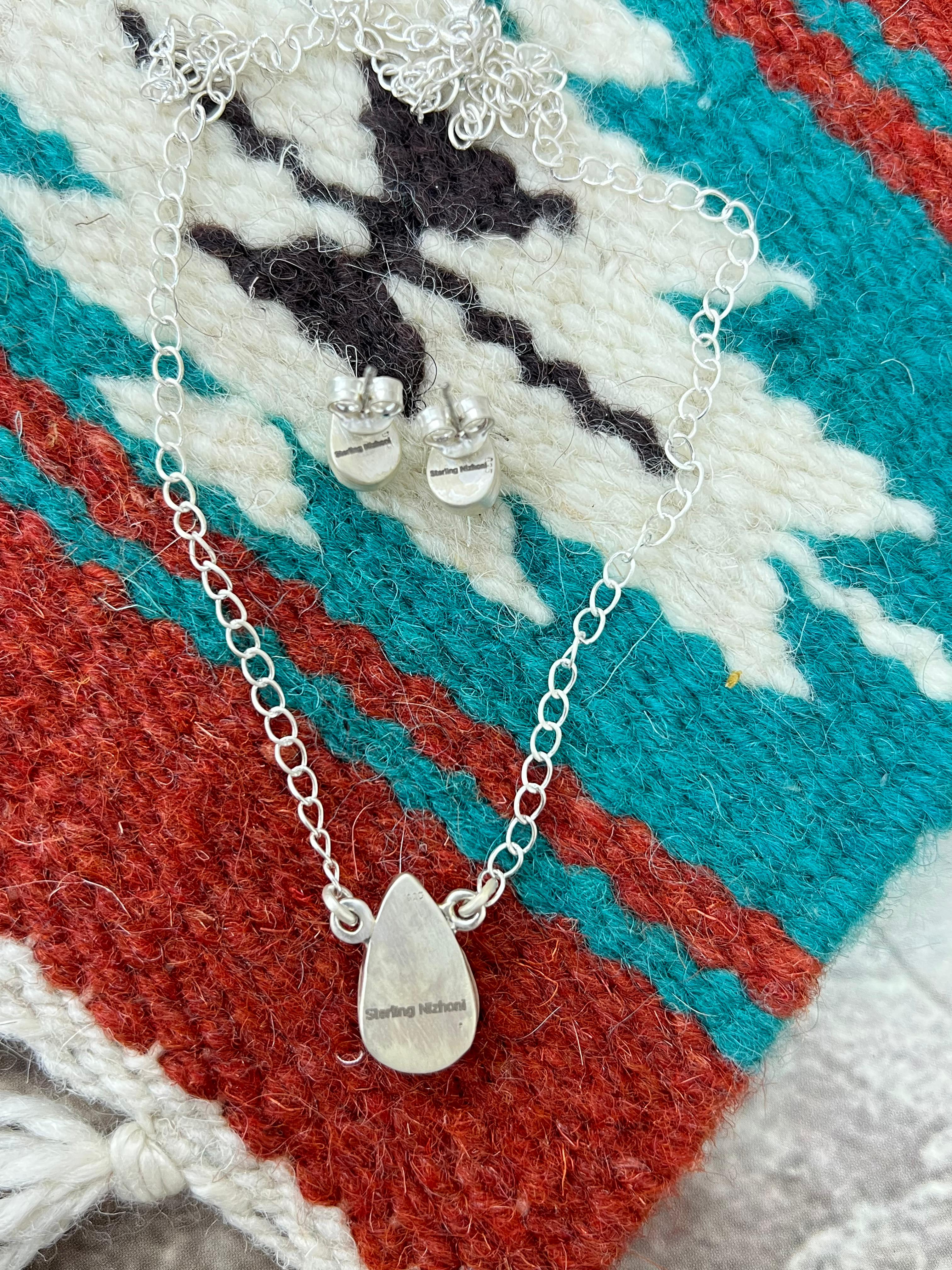 Handmade Sterling Silver Sonoran Mountain Turquoise Necklace Earrings Set with Signed Nizhoni
