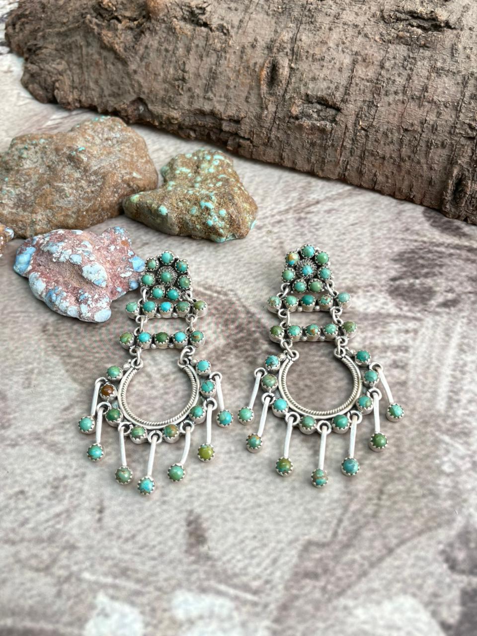 Handmade Sterling Silver Kingman Turquoise Post Dangle Earrings with Signed Nizhoni