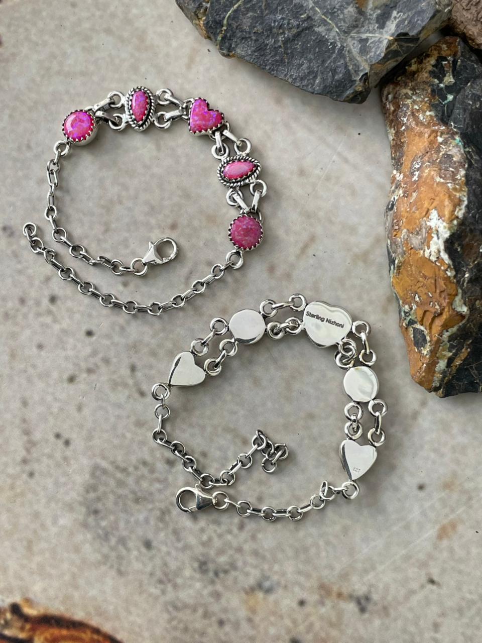 "Heart Collection" Handmade Sterling Silver Hot Pink Chain Bracelet "Signed Nizhoni"