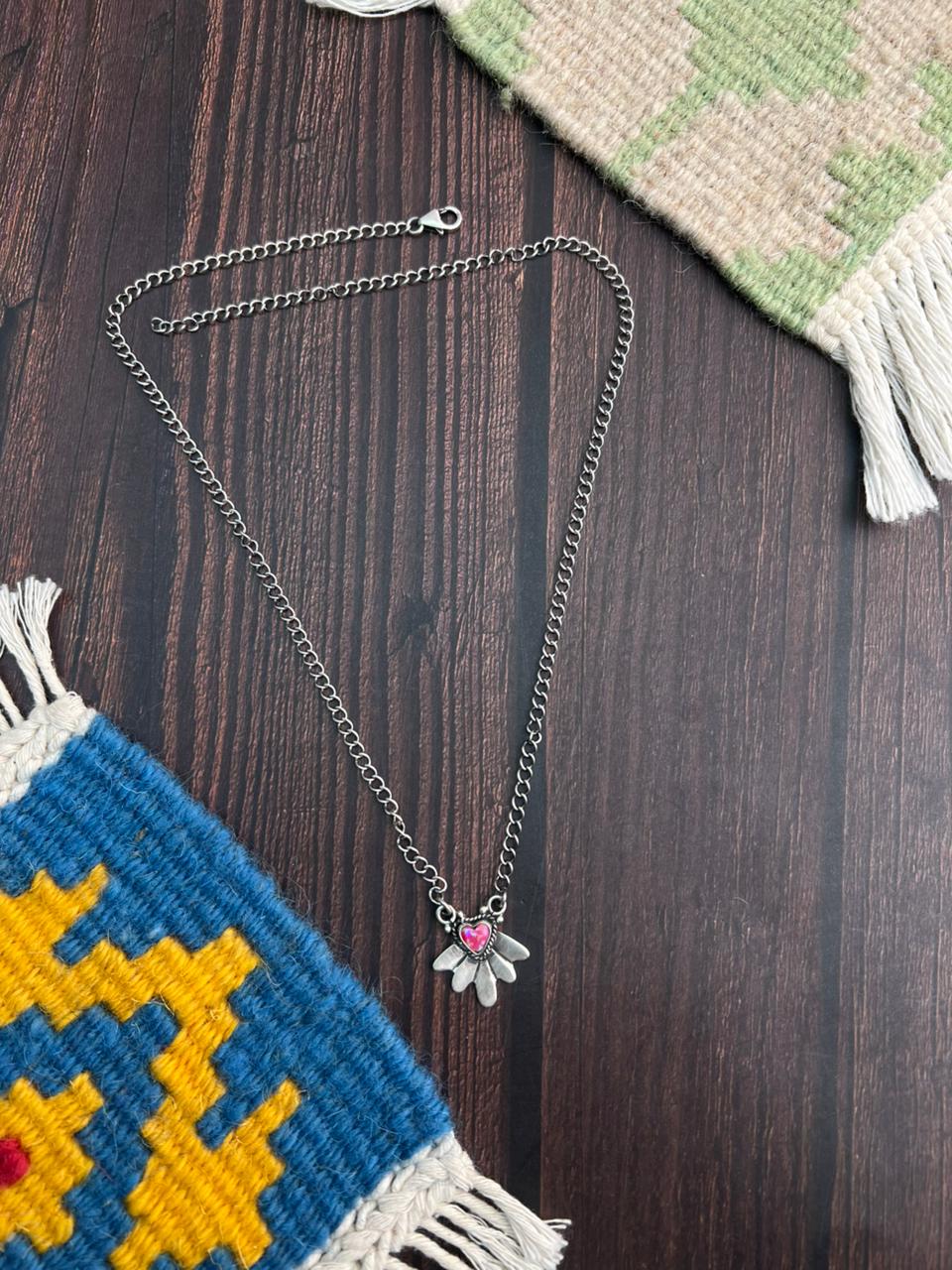 "Heart Collection" Handmade Sterling Silver Hot Pink Necklace "Signed Nizhoni"