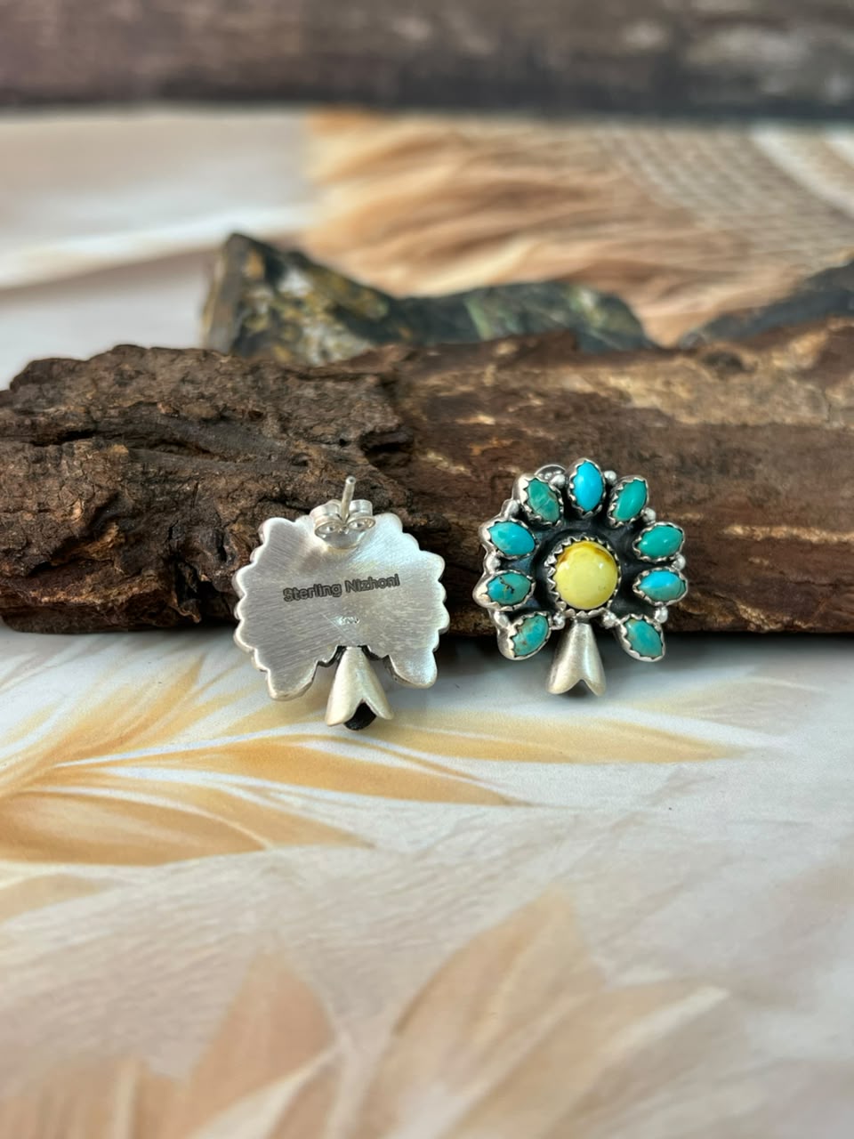 Handmade Sterling Silver Palomino with Kingman Turquoise Post Studs Squash Blossom Earrings Signed Nizhoni