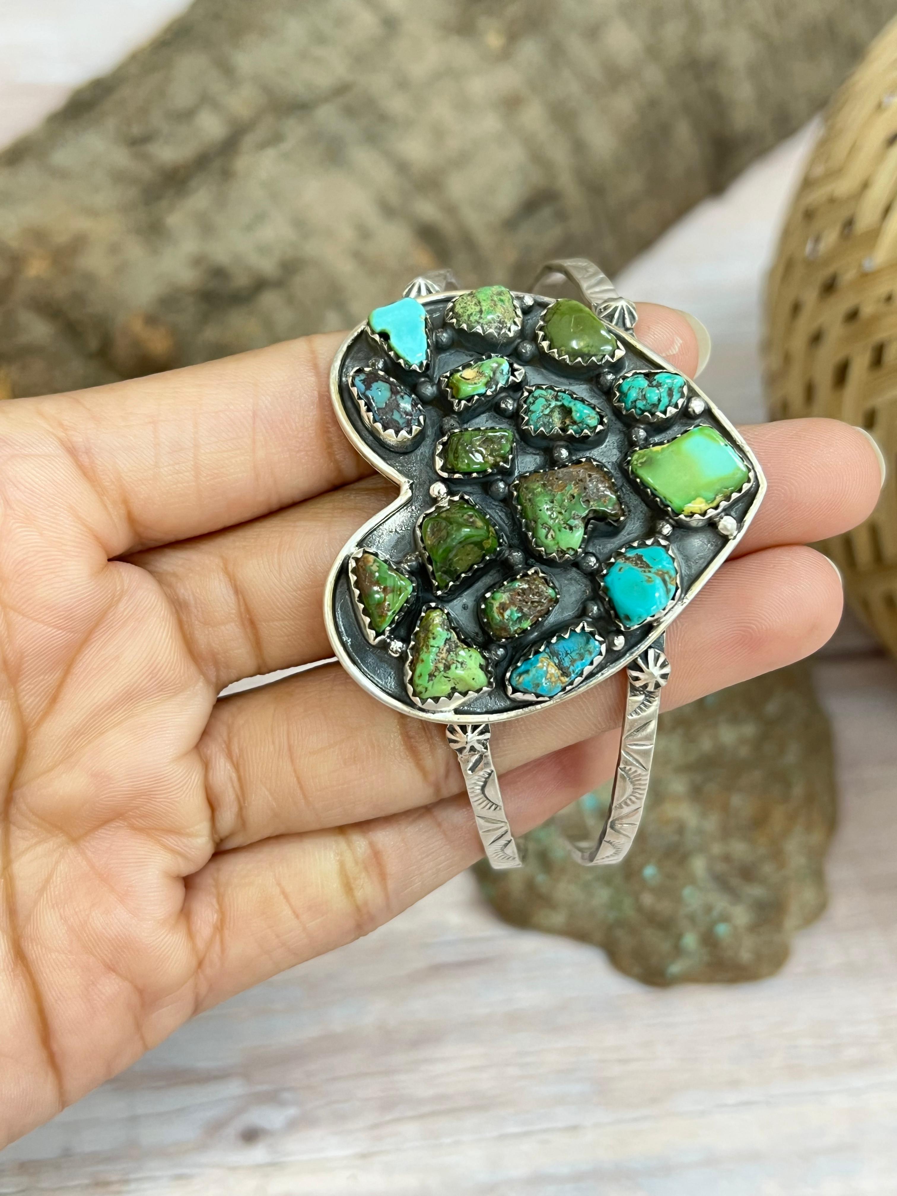 Handmade Sterling Silver Golden Hill, Sonoran Mountain Turquoise Heart Bracelet with Signed Nizhoni /