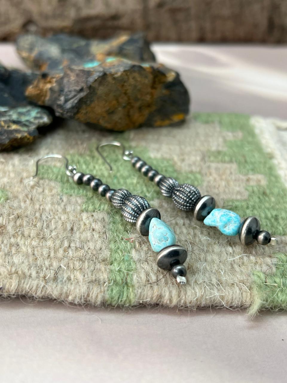 Handmade Sterling Silver Beaded White Water Hook Dangle Earrings "Signed Nizhoni"