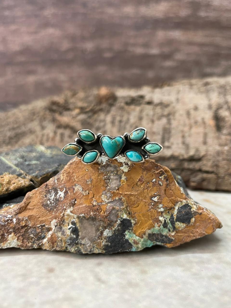 "Heart Collection" Handmade Sterling Silver Kingman Turquoise Adjustable Ring "Signed Nizhoni"