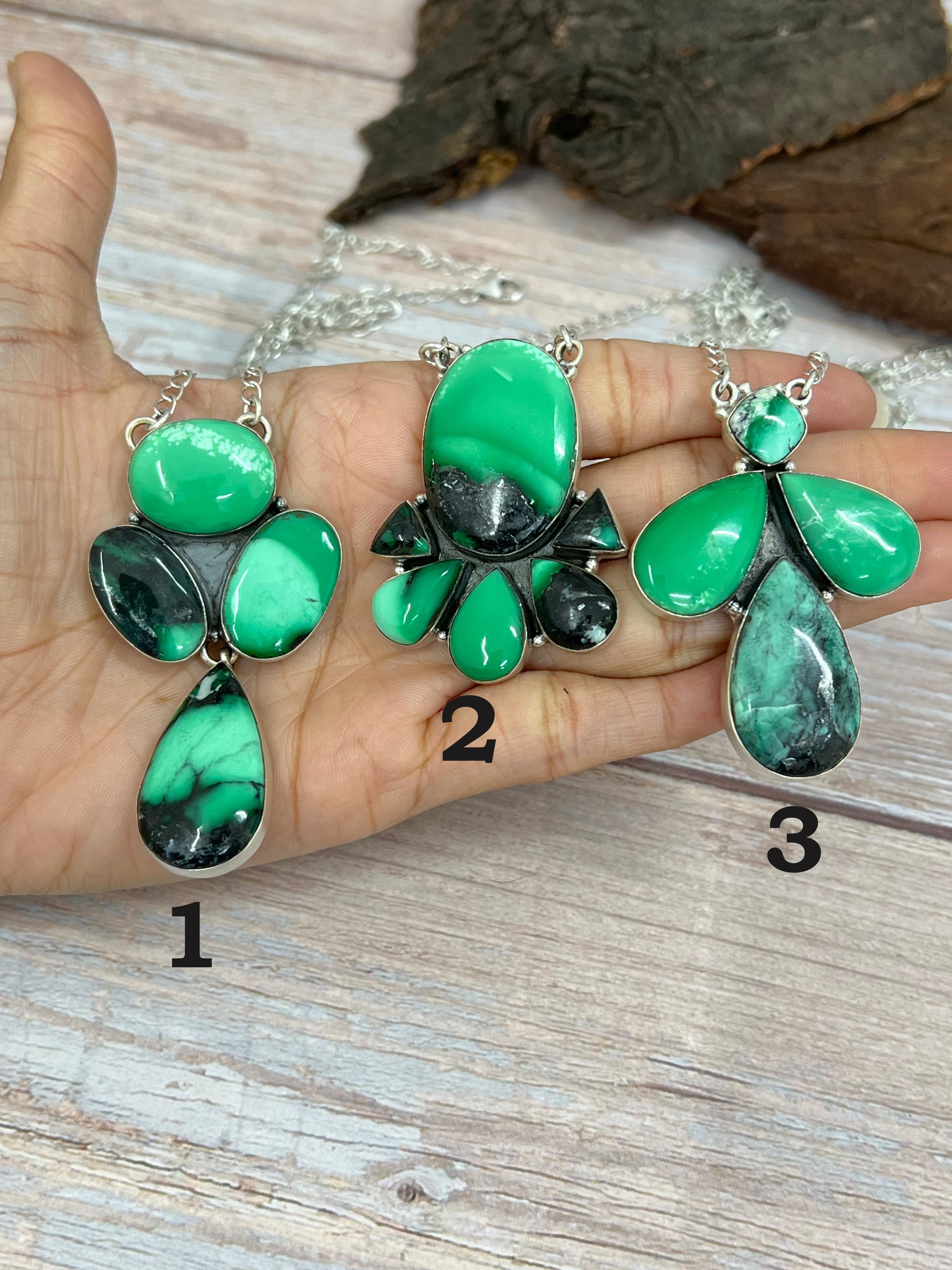 Handmade Sterling Silver Emerald Rose Necklace with Signed Nizhoni