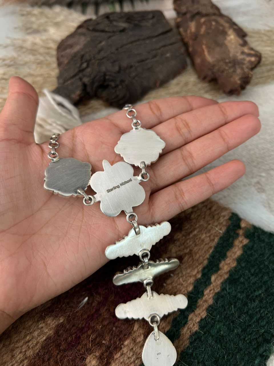 Handmade Sterling Silver Sonoran Mountain Turquoise with Bumblebee and White Buffalo Spring Collection: Necklace Signed Nizhoni