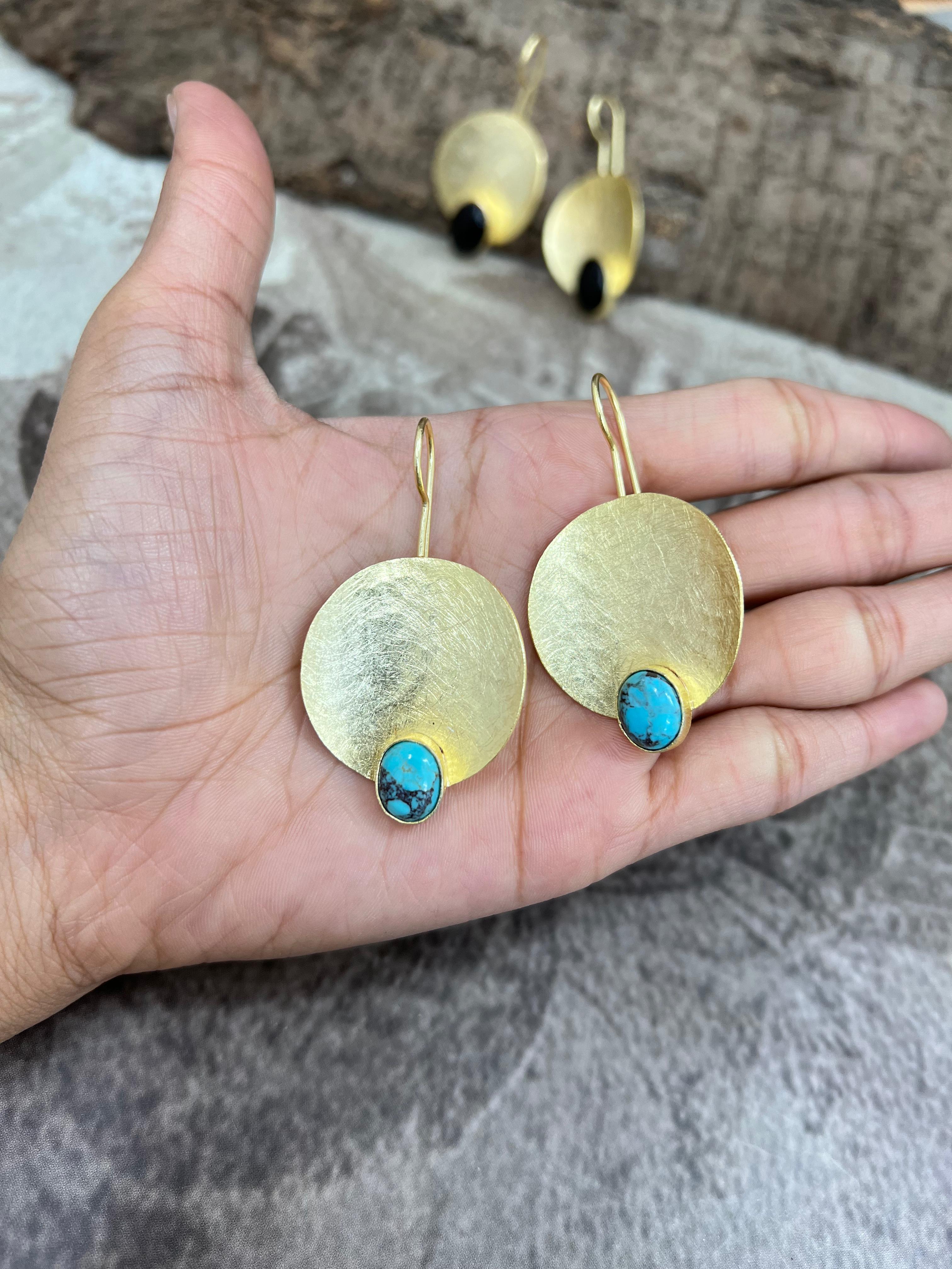 “The Golden Collection” Handmade Natural Black Onyx, Kingman Turquoise Hook Earrings