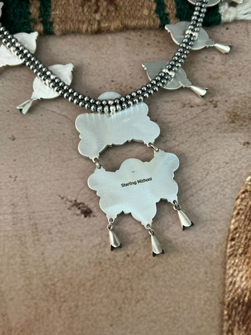 Handmade Sterling Silver Hardy Pit Collection: Beaded Squash Blossom Necklace Signed Nizhoni