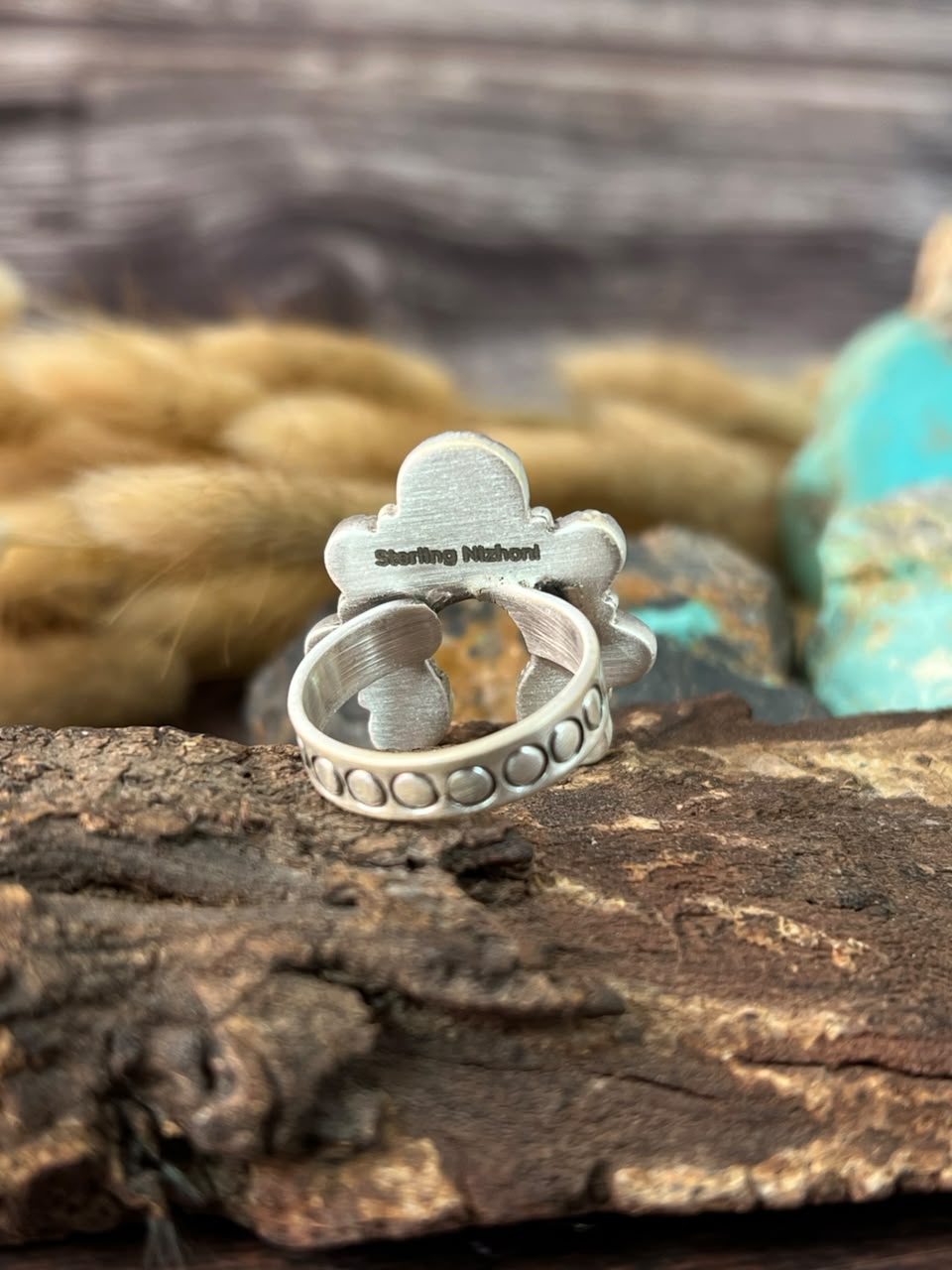 Handmade Sterling Silver Paloma with Golden Hills Turquoise Naja Adjustable Ring Signed Nizhoni (9)