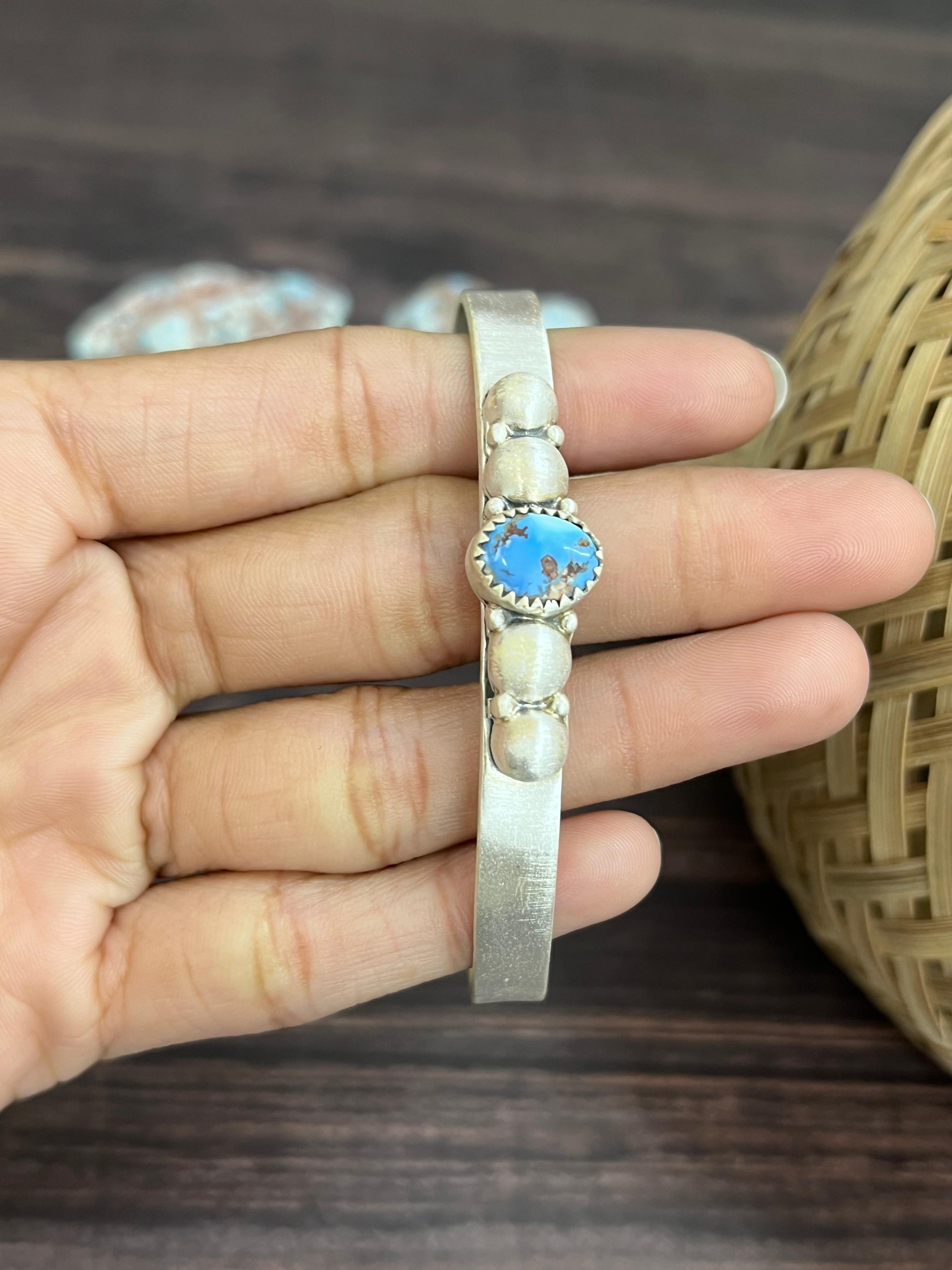 Handmade Sterling Silver Golden Hills Turquoise Cuff Bracelet with Signed Nizhoni