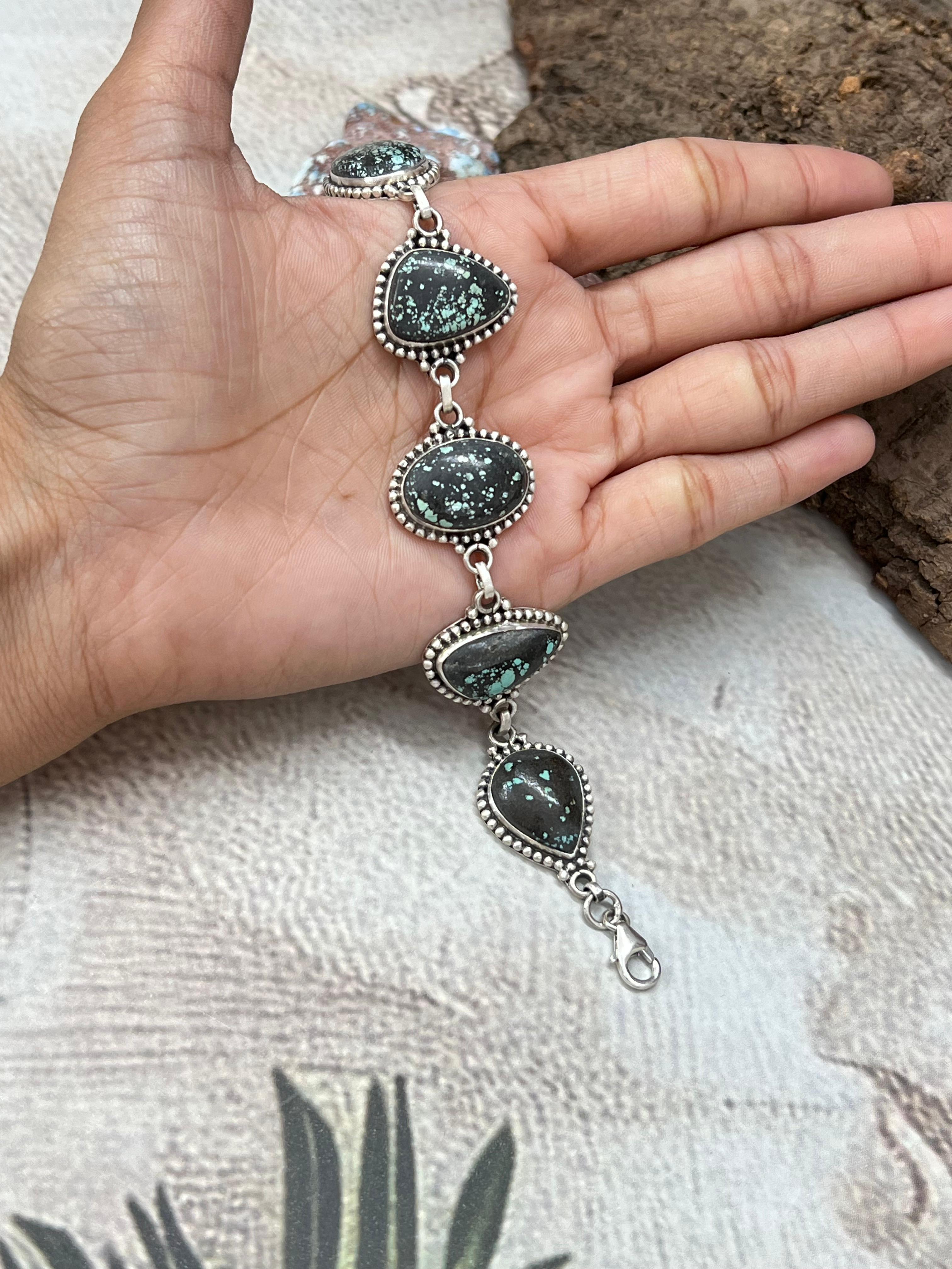 Handmade Sterling Silver Lander Turquoise Chain Bracelet with Signed Nizhoni