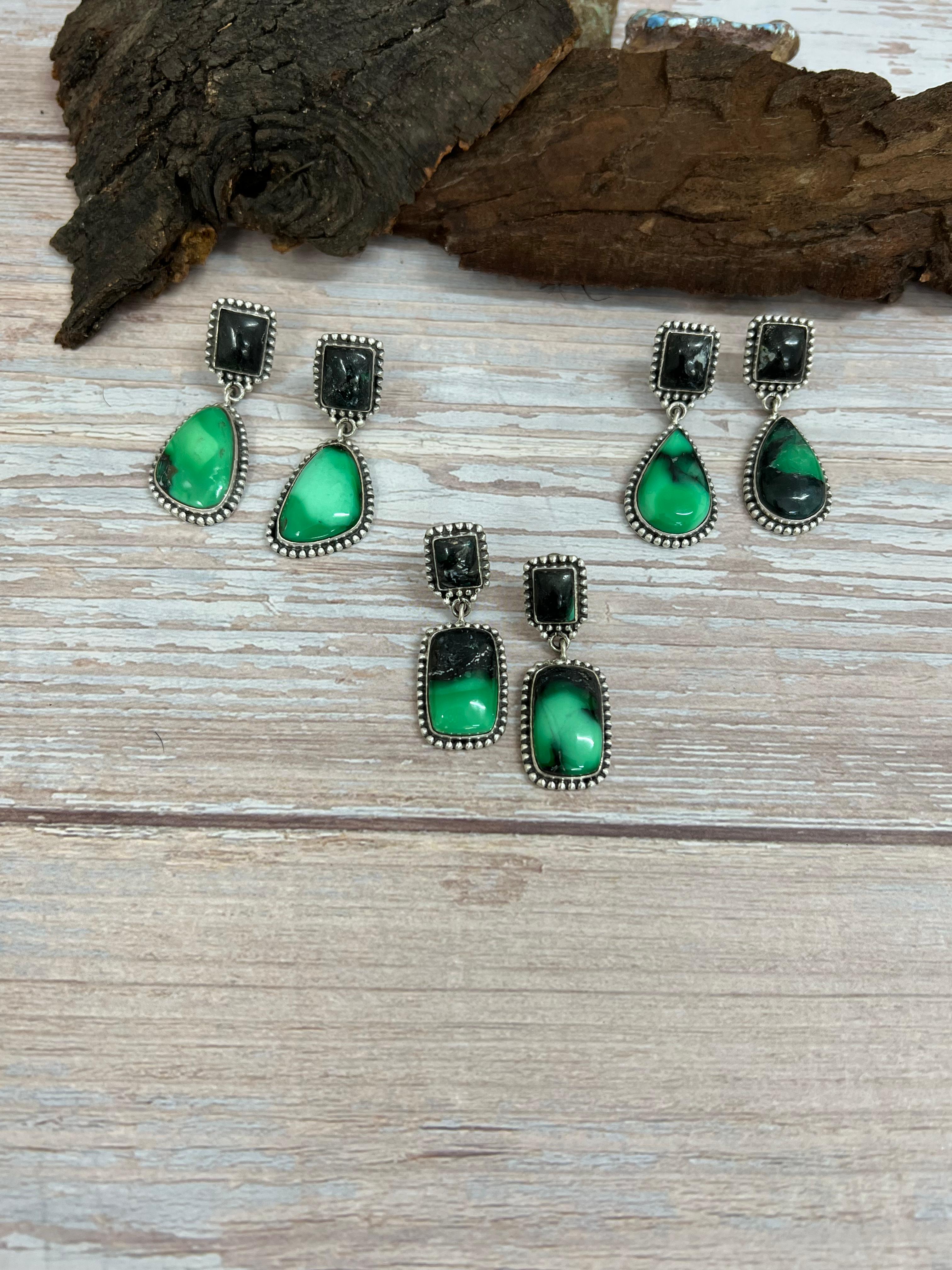 Handmade Sterling Silver Emerald Rose Post Dangle Earrings with Signed Nizhoni