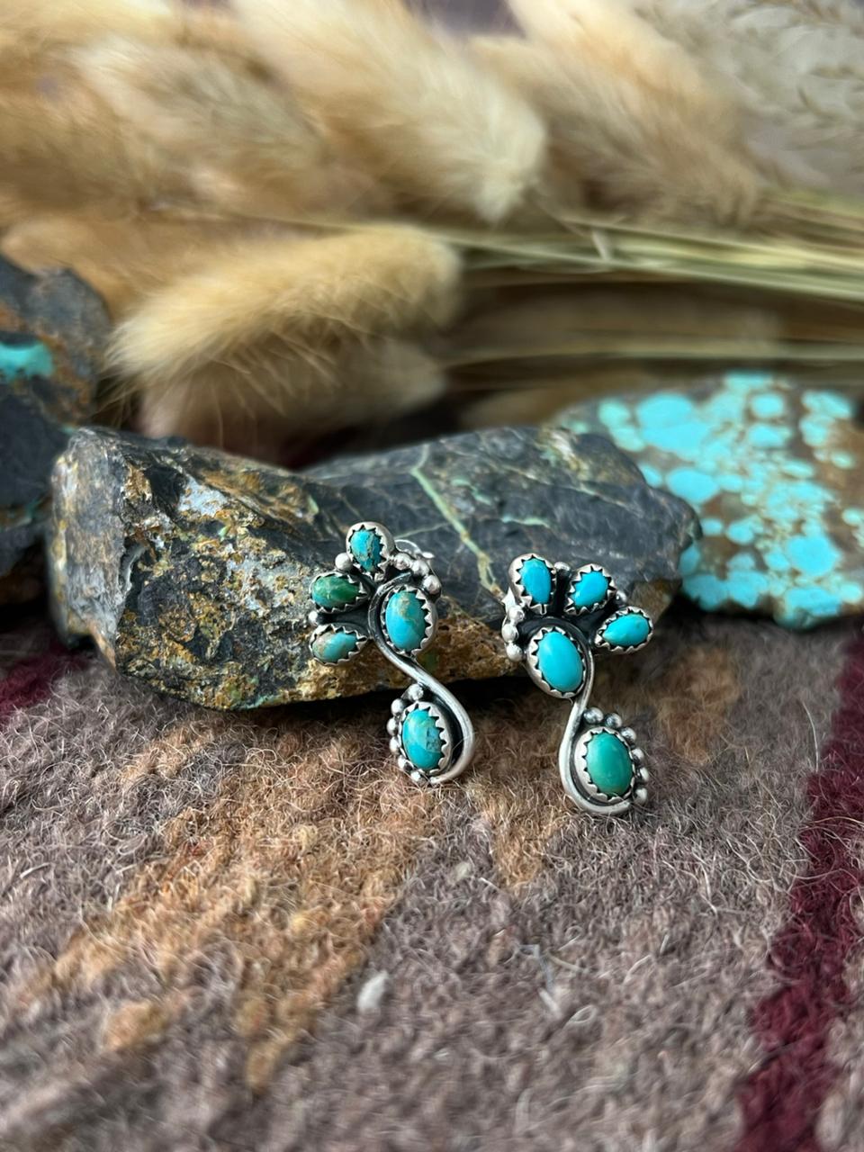 Handmade Sterling Silver Kingman Turquoise Post Studs Earrings "Signed Nizhoni"