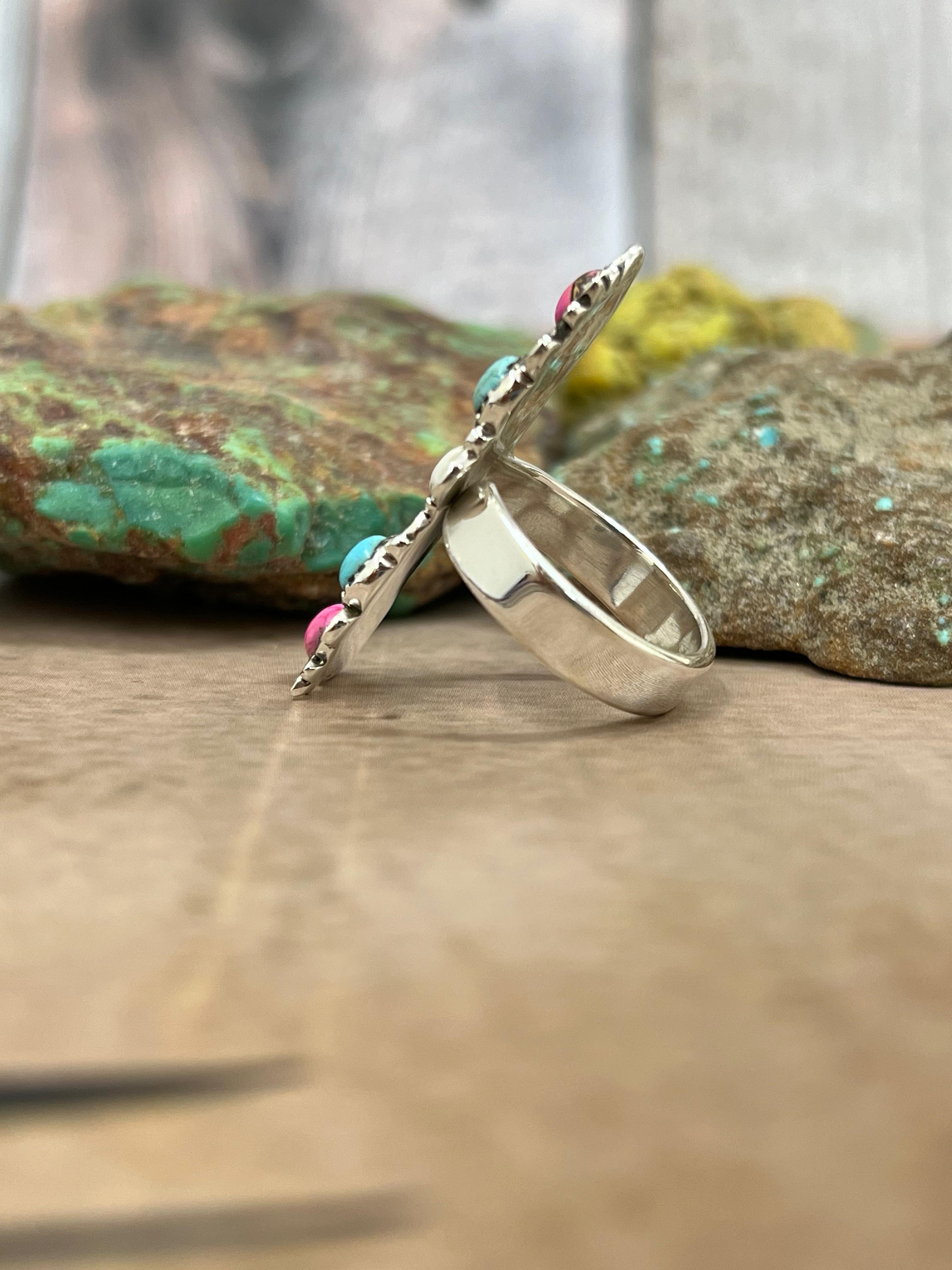 Handmade Sterling Silver Cotton Candy Turquoise Adjustable Ring with Signed Nizhoni