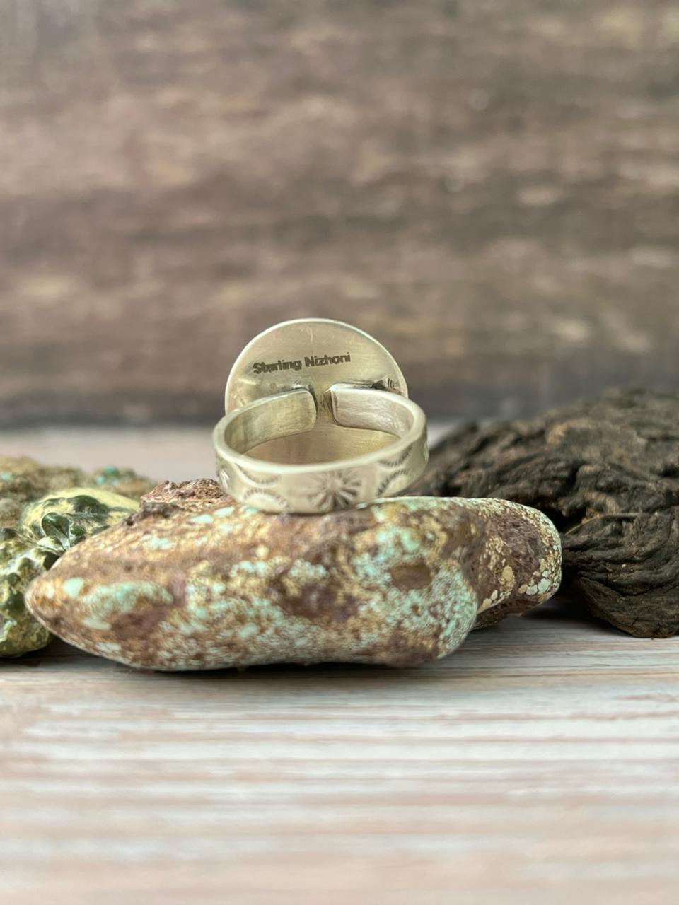 Handmade Sterling Silver Kingman Turquoise Adjustable Ring With Signed Nizhoni (3)