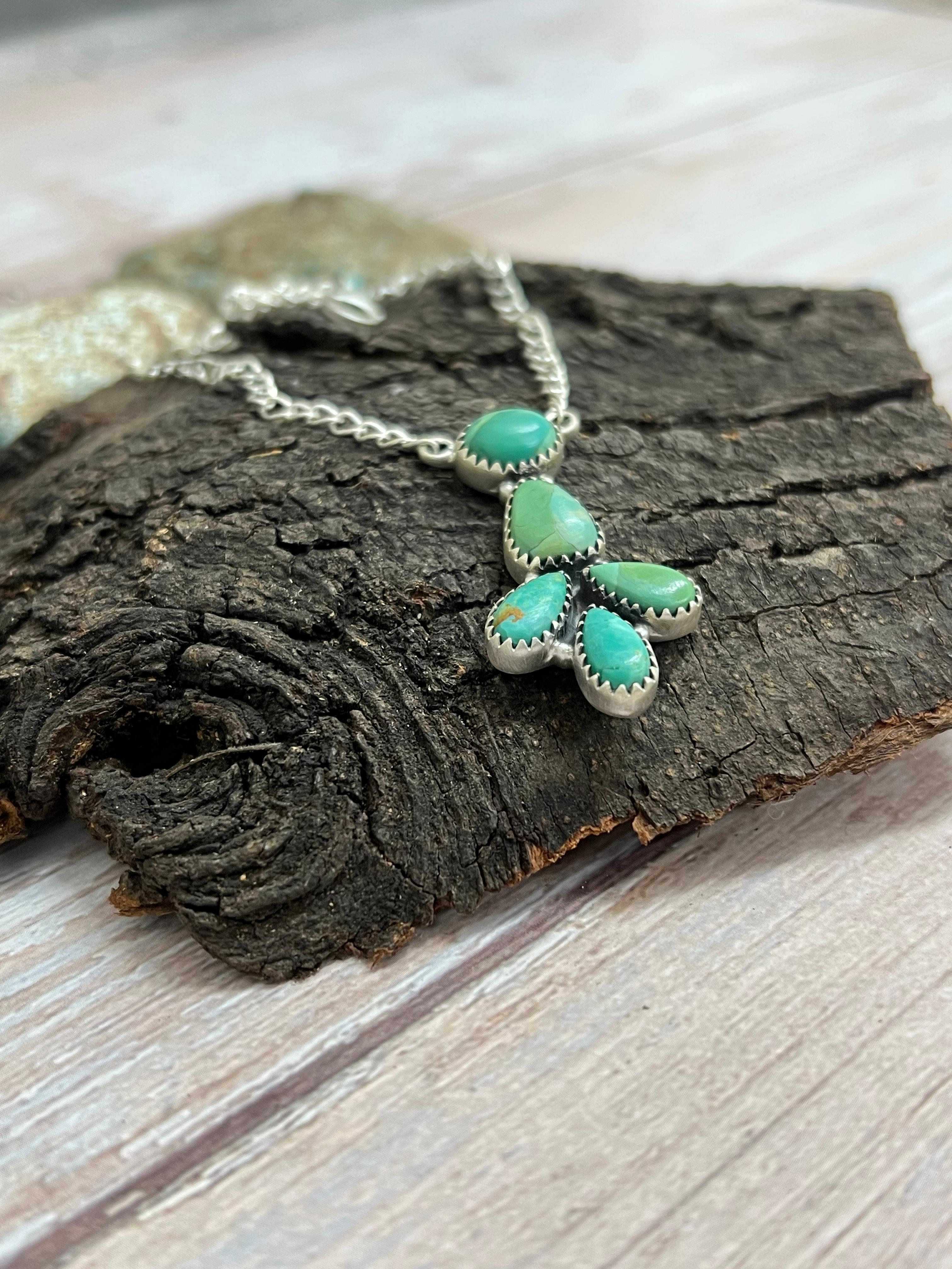 Handmade Sterling Silver Kingman Turquoise Necklace with Signed Nizhoni