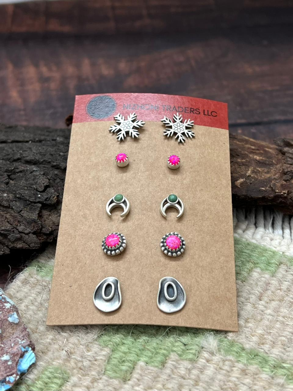 Handmade Sterling Silver Kingman Turquoise and Hot Pink Post Earring Set "Signed Nizhoni"