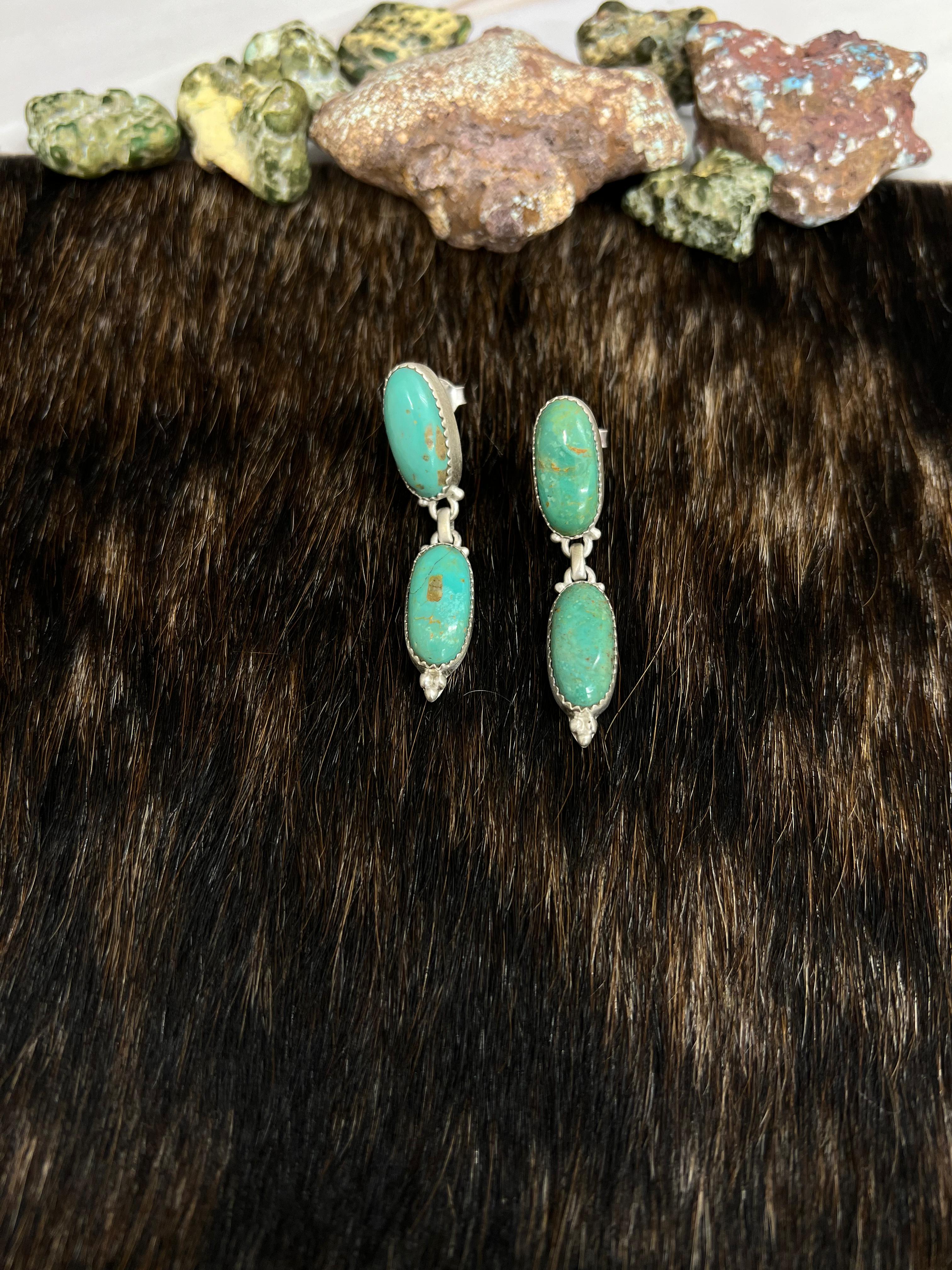 Handmade Sterling Silver Royston Turquoise Dangle Earrings with Signed Nizhoni