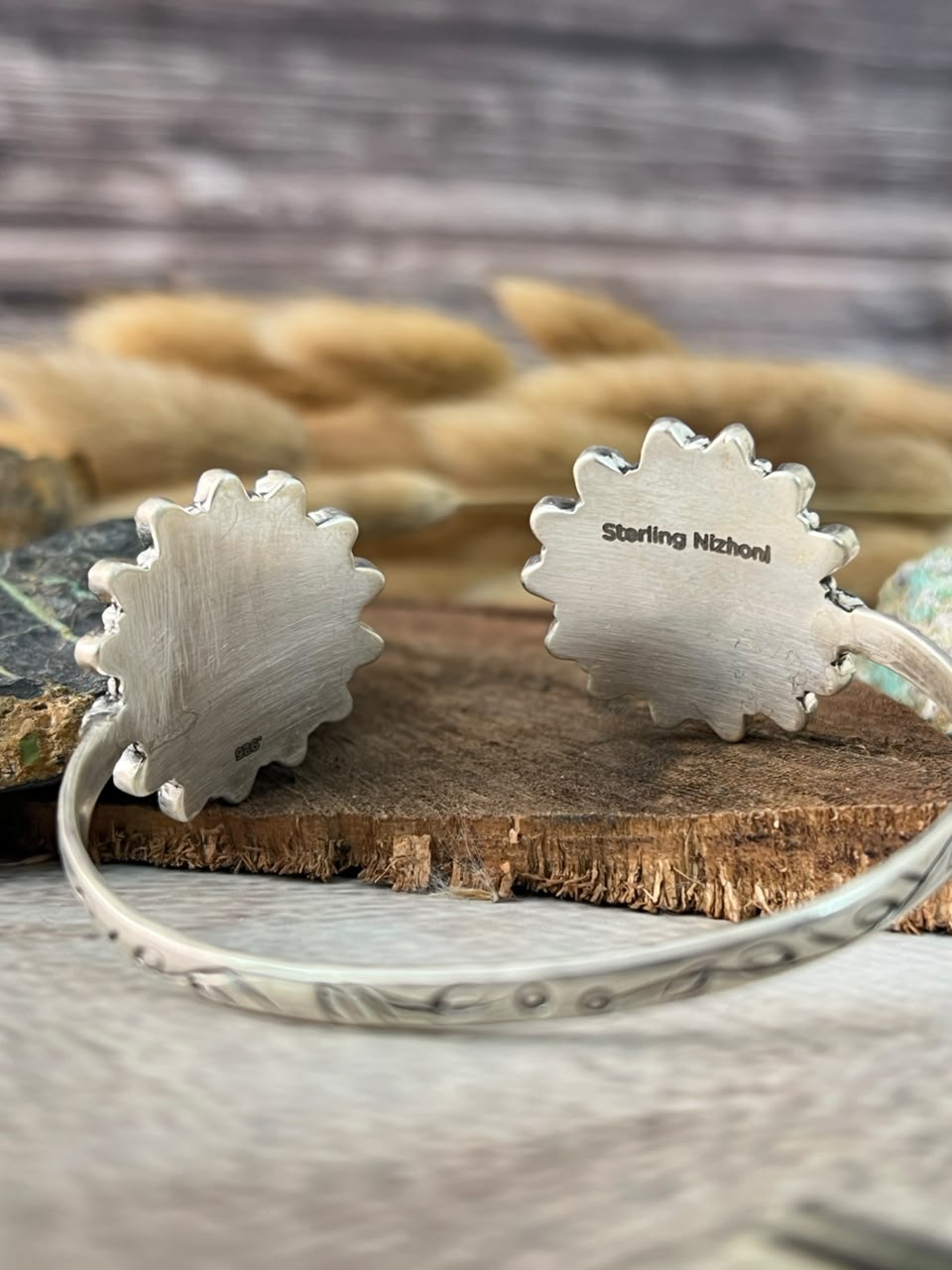 Handmade Sterling Silver White Buffalo with Kingman Turquoise Cuff Bracelet Signed Nizhoni