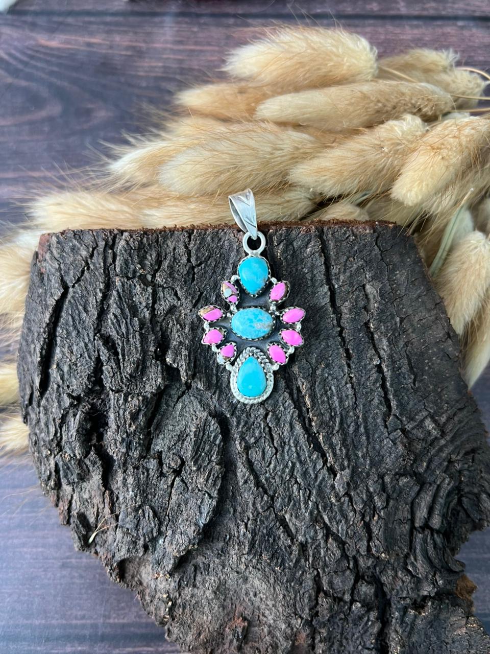 Handmade Sterling Silver White Water Turquoise with Cotton Candy Pendant "Signed Nizhoni"