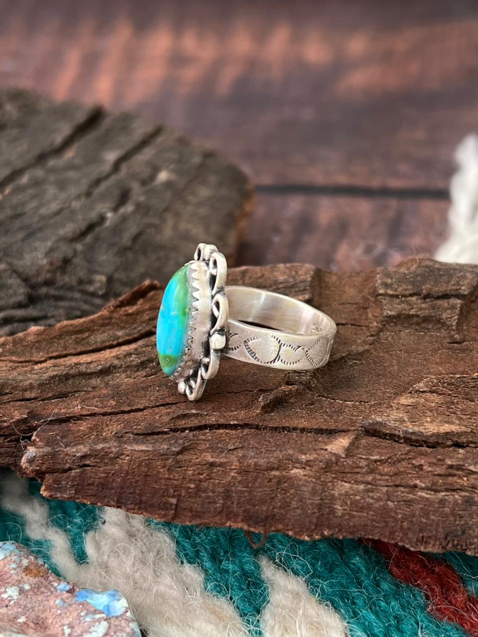 Handmade Sterling Silver Sonoran Mountain Turquoise Adjustable Ring " Signed Nizhoni" (1)