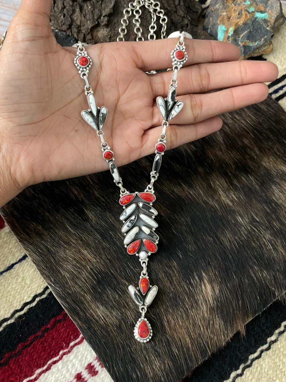 Handmade Sterling Silver White Buffalo with Red Opal Necklace "Signed Nizhoni"