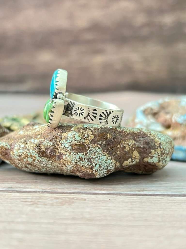 Handmade Sterling Silver Sonoran Mountain Turquoise with White Water Adjustable Ring "Signed Nizhoni"