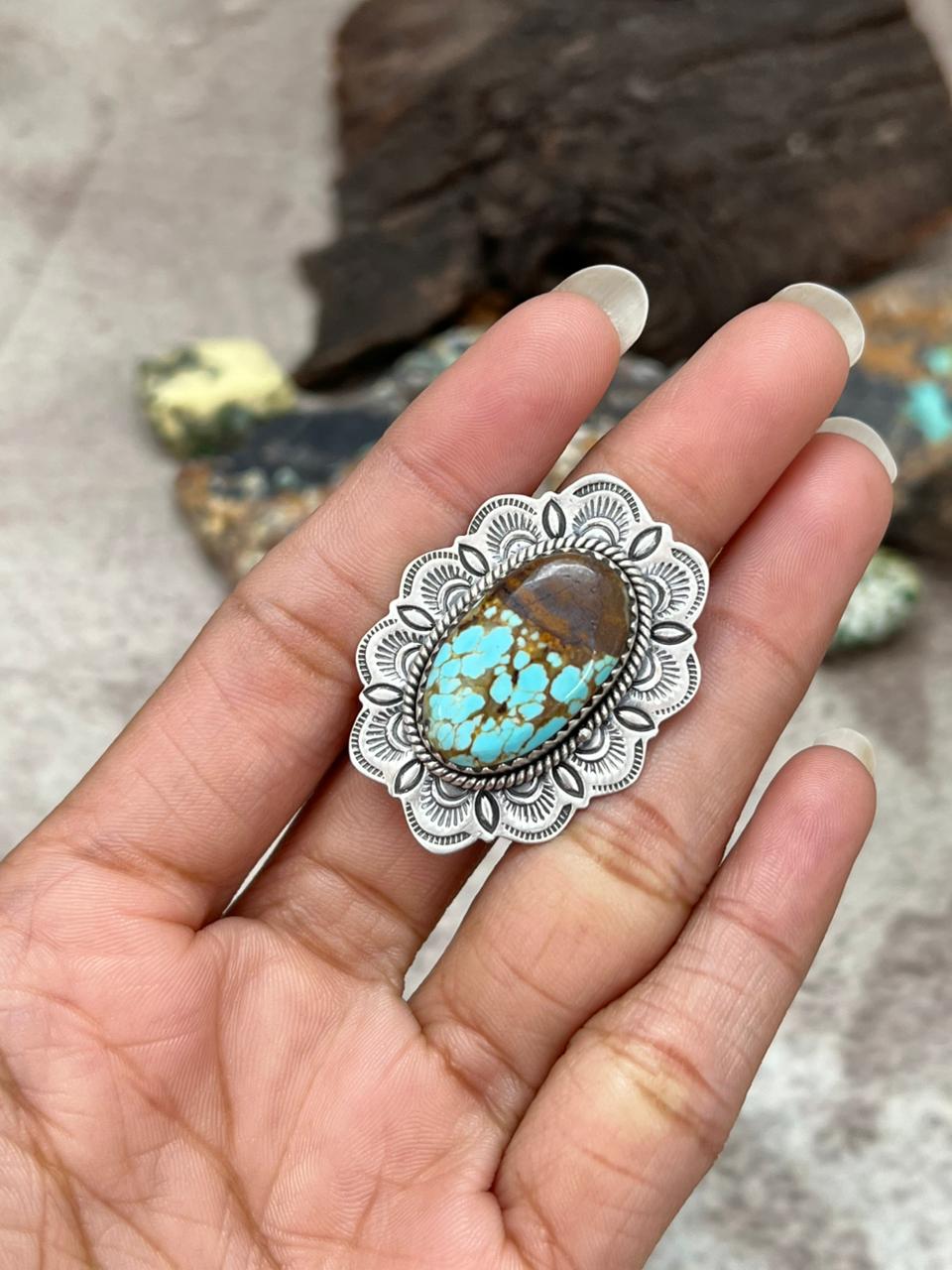 Handmade Sterling Silver Number 8 Turquoise Adjustable Ring "Signed Nizhoni"