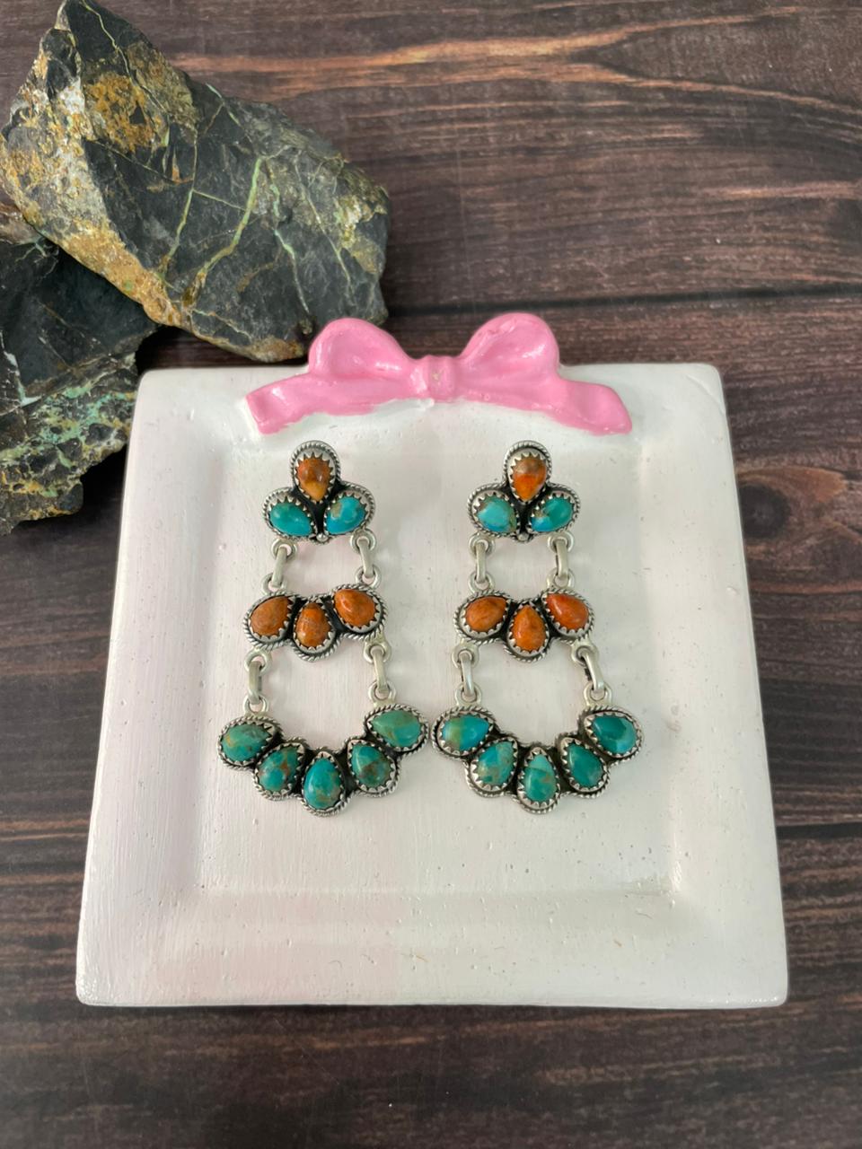 Handmade Sterling Silver Kingman Turquosie with Orange Mojave Post Dangle Earrings "Signed Nizhoni"