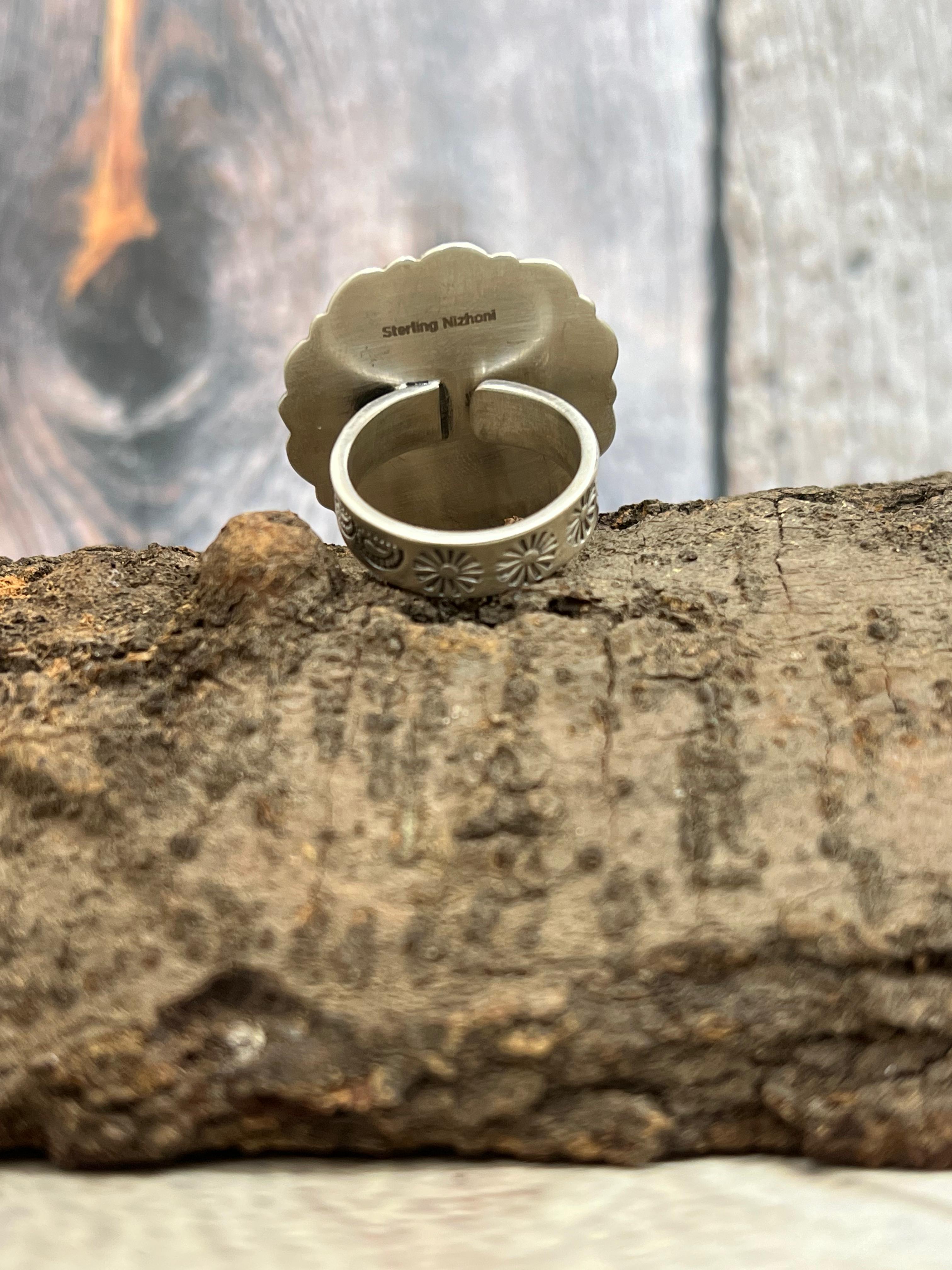 Handmade Sterling Silver Hardy Pit Adjustable Ring with Signed Nizhoni