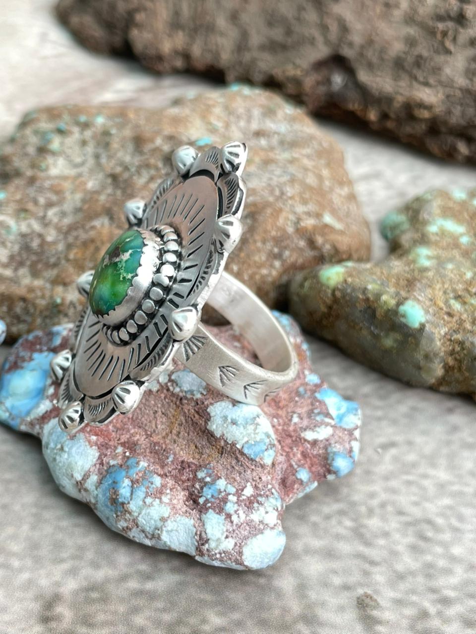 Handmade Sterling Silver Sonoran Mountain Turquoise Adjustable Ring with Signed Nizhoni