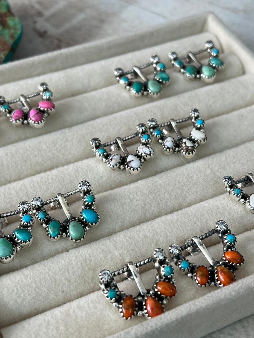 Handmade Sterling Silver Multi Stone Buckle Post Studs Earrings "Signed Nizhoni"