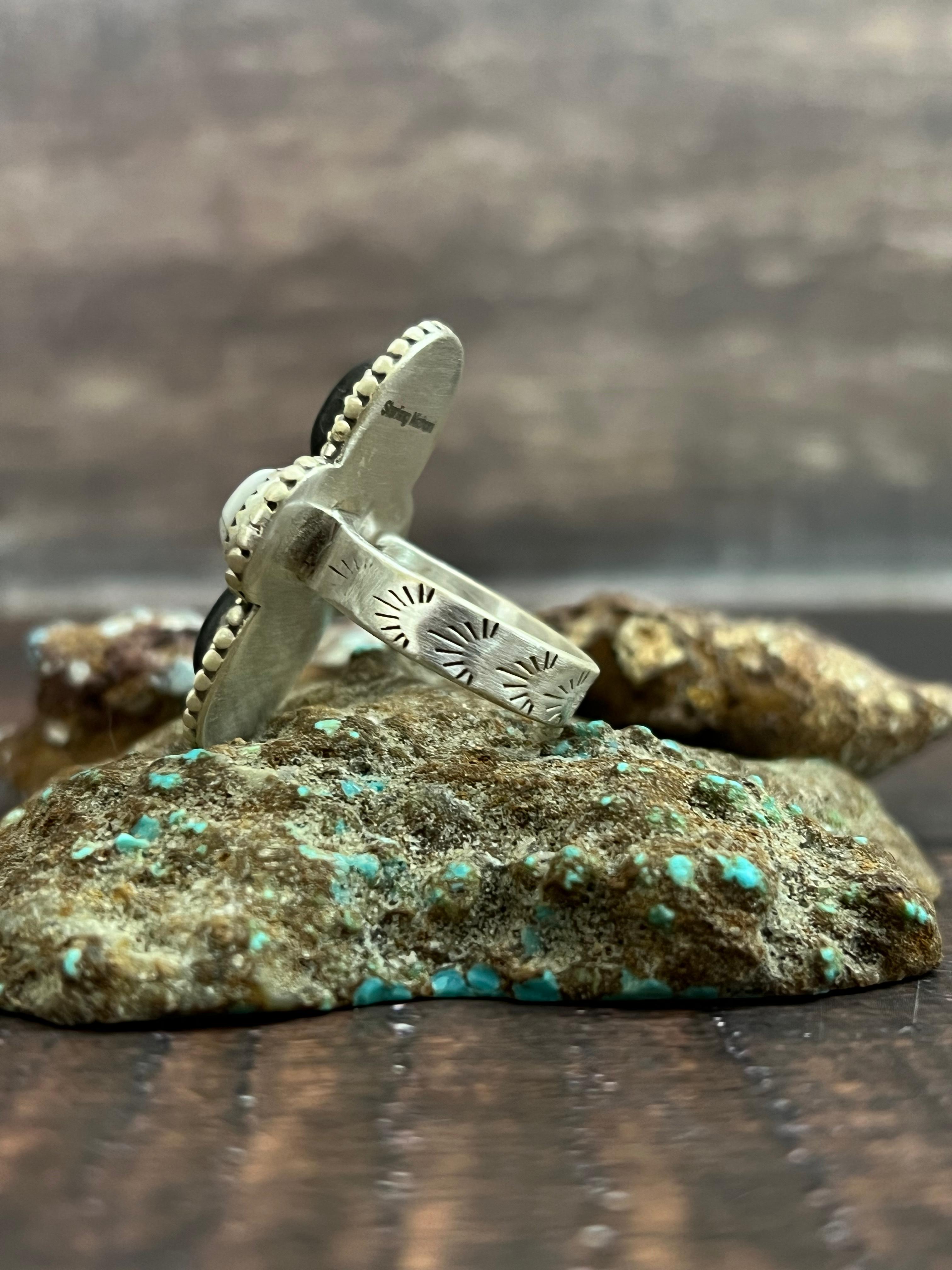 Handmade Sterling Silver White Buffalo Adjustable Ring, Signed Nizhoni