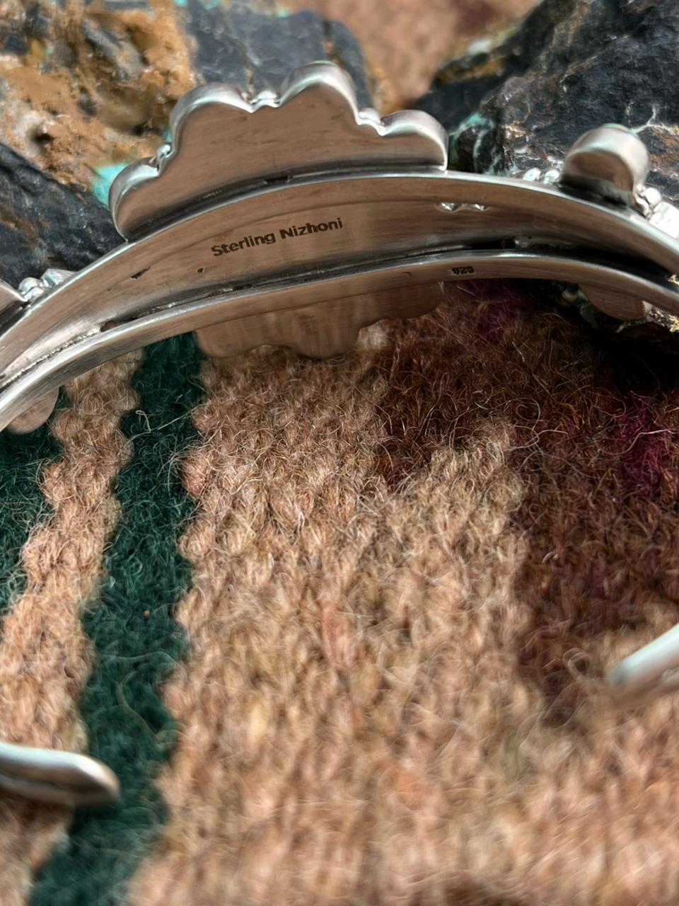 Handmade Sterling Silver Dahlia Rose with Emerald Valley Turquoise Cuff Bracelet "Signed Nizhoni"