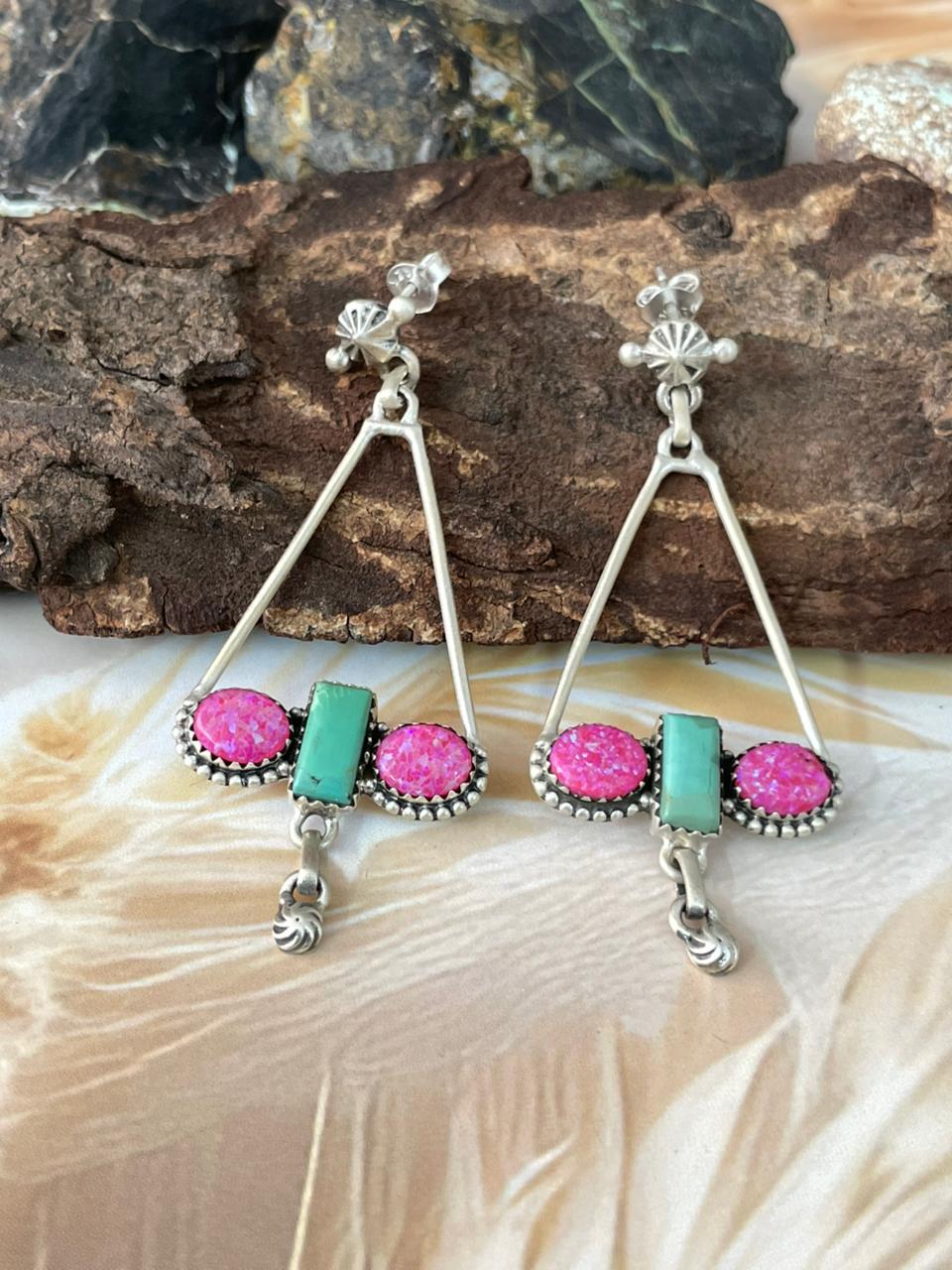 Handmade Sterling Silver Spring Collection: Hot Pink with Kingman Post Dangle Earrings "Signed Nizhoni"