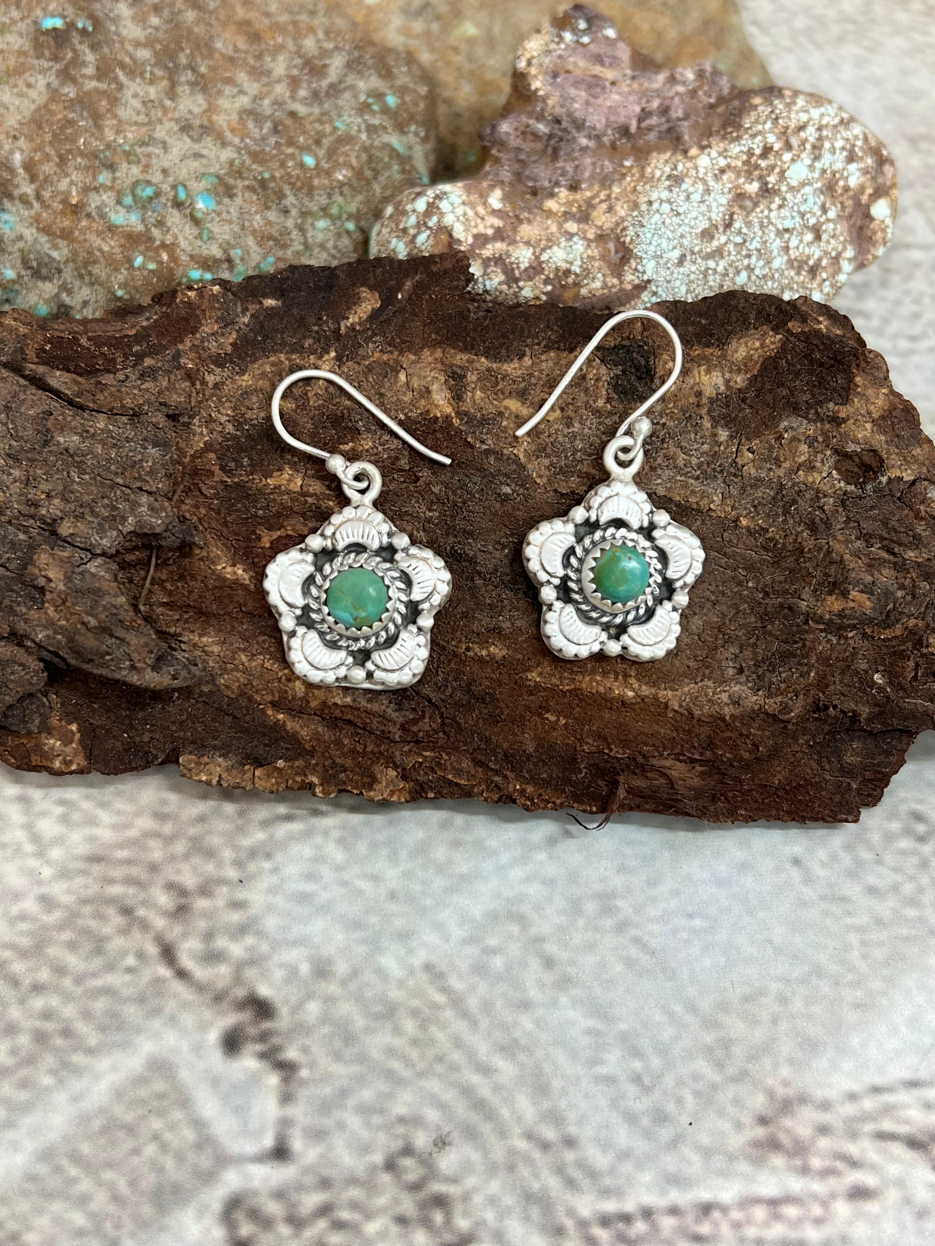 Handmade Sterling Silver Kingman Turquoise Hook Earrings with Signed Nizhoni