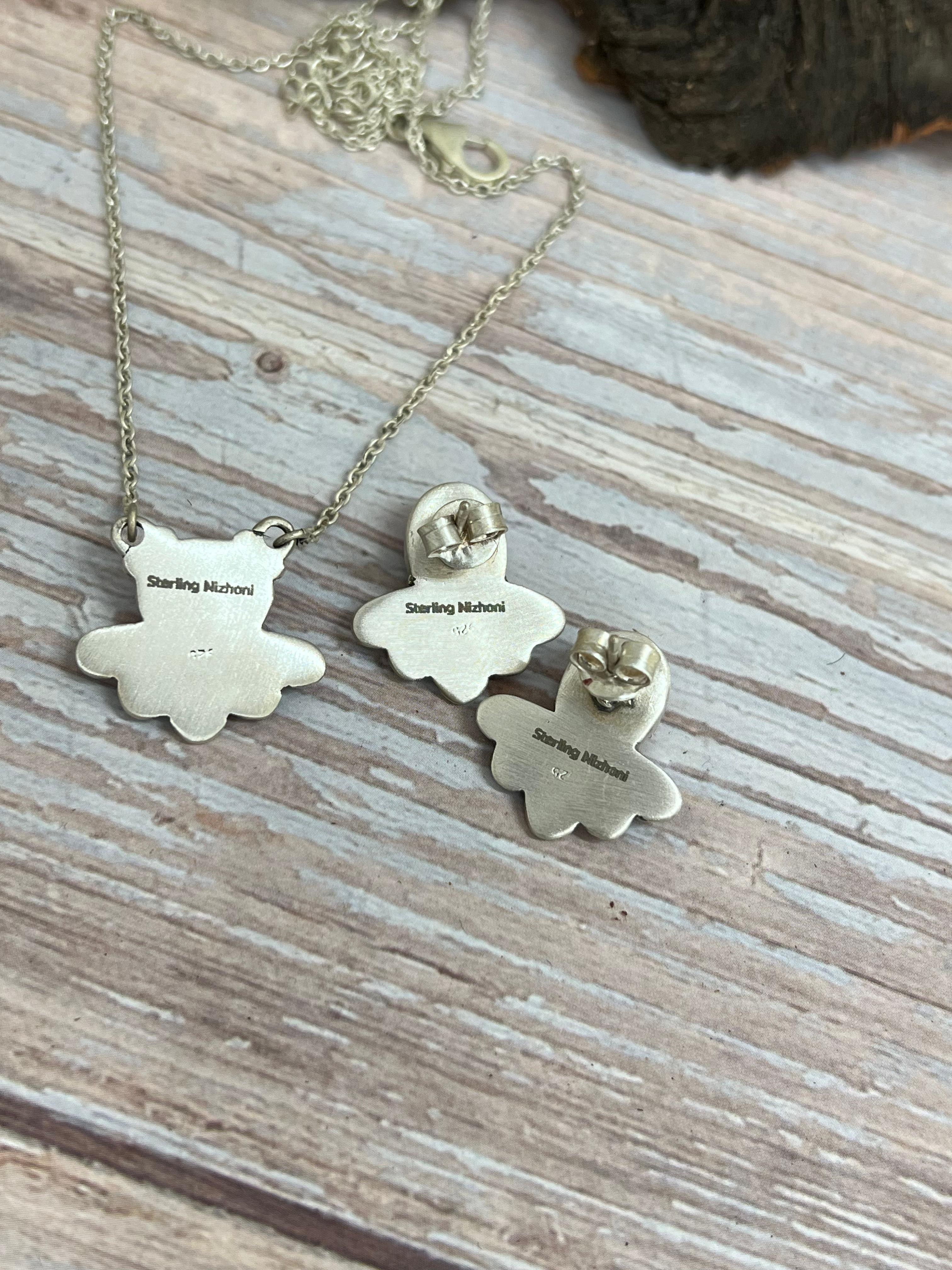 Handmade Sterling Silver Dahlia Rose Necklace Earrings Set, Signed Nizhoni