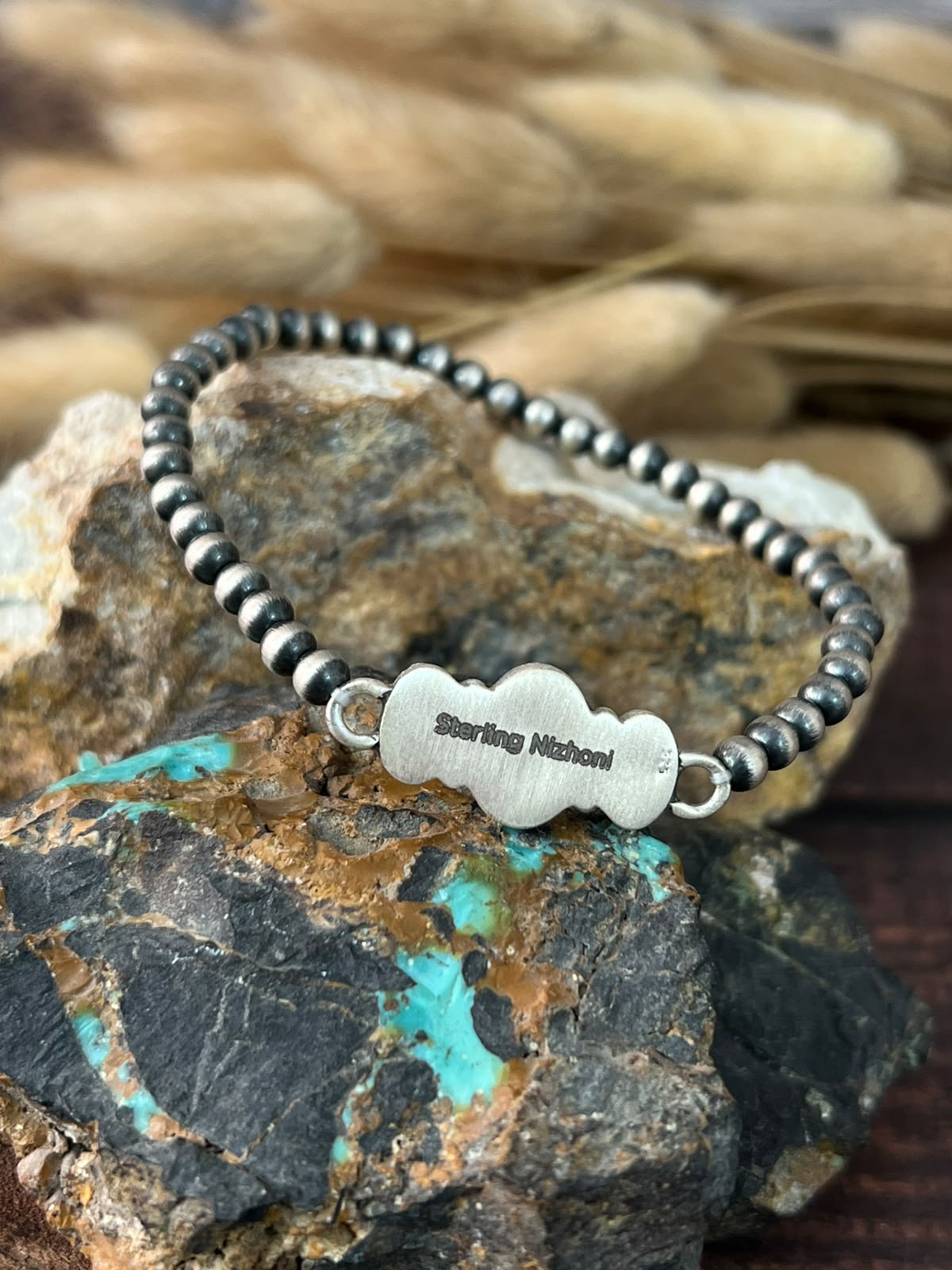 Handmade Sterling Silver Palomino Turquoise Stretchy Beaded Bracelet Signed Nizhoni