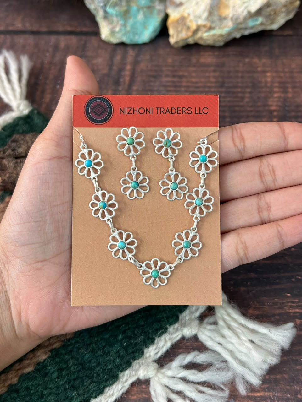 Handmade Sterling Silver Kingman Turquoise Necklace and Earrings Set Card