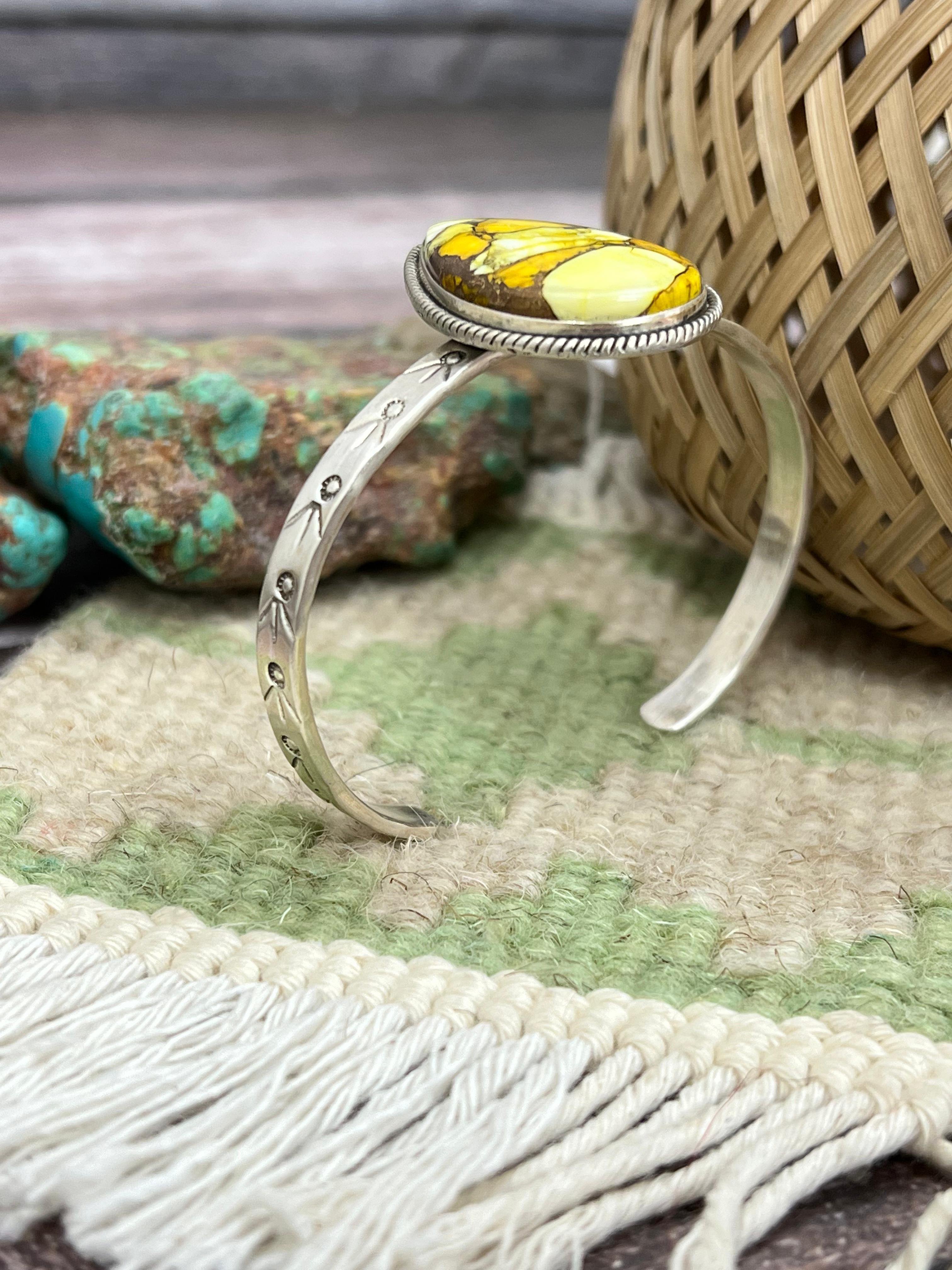 Handmade Sterling Silver Honey Dahlia Cuff Bracelet with Signed Nizhoni