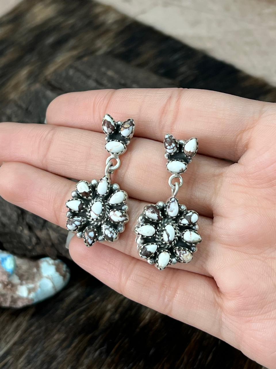 Handmade Sterling Silver Wildhorse Magnesite Post Dangle Earrings "Signed Nizhoni"