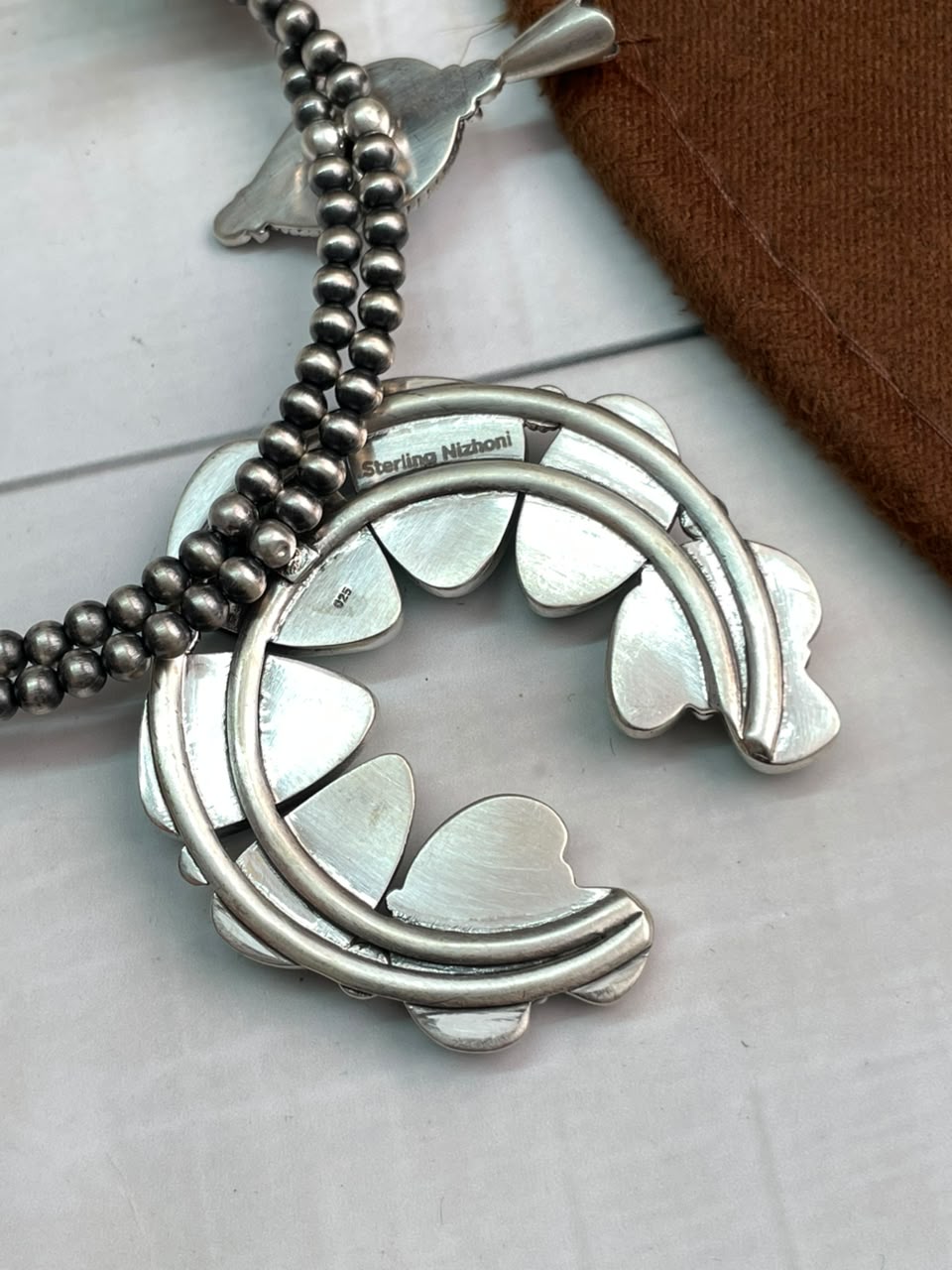 Handmade Sterling Silver Campitos Turquoise Collection: Naja Squash Blossom Beaded Necklace Signed Nizhoni